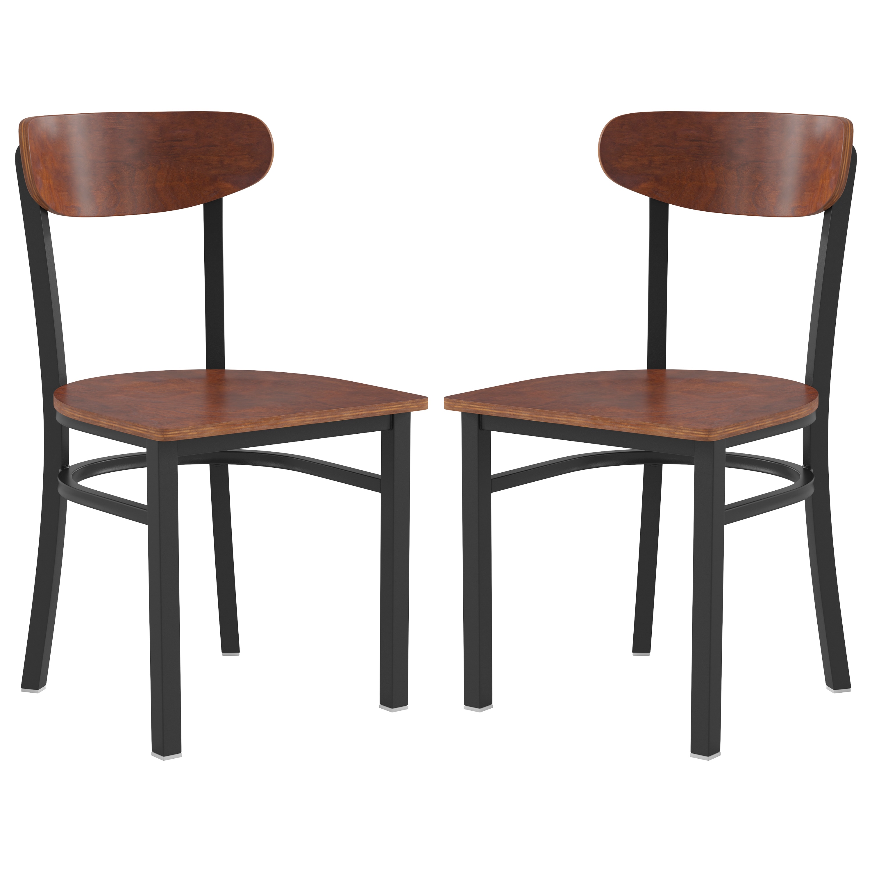Flash Furniture 840196378411 Wright Set of 2 Commercial Grade Dining Chairs with 500 LB. Capacity Black Steel Frame; Solid Wood Seat; and Boomerang Back; Walnut Finish