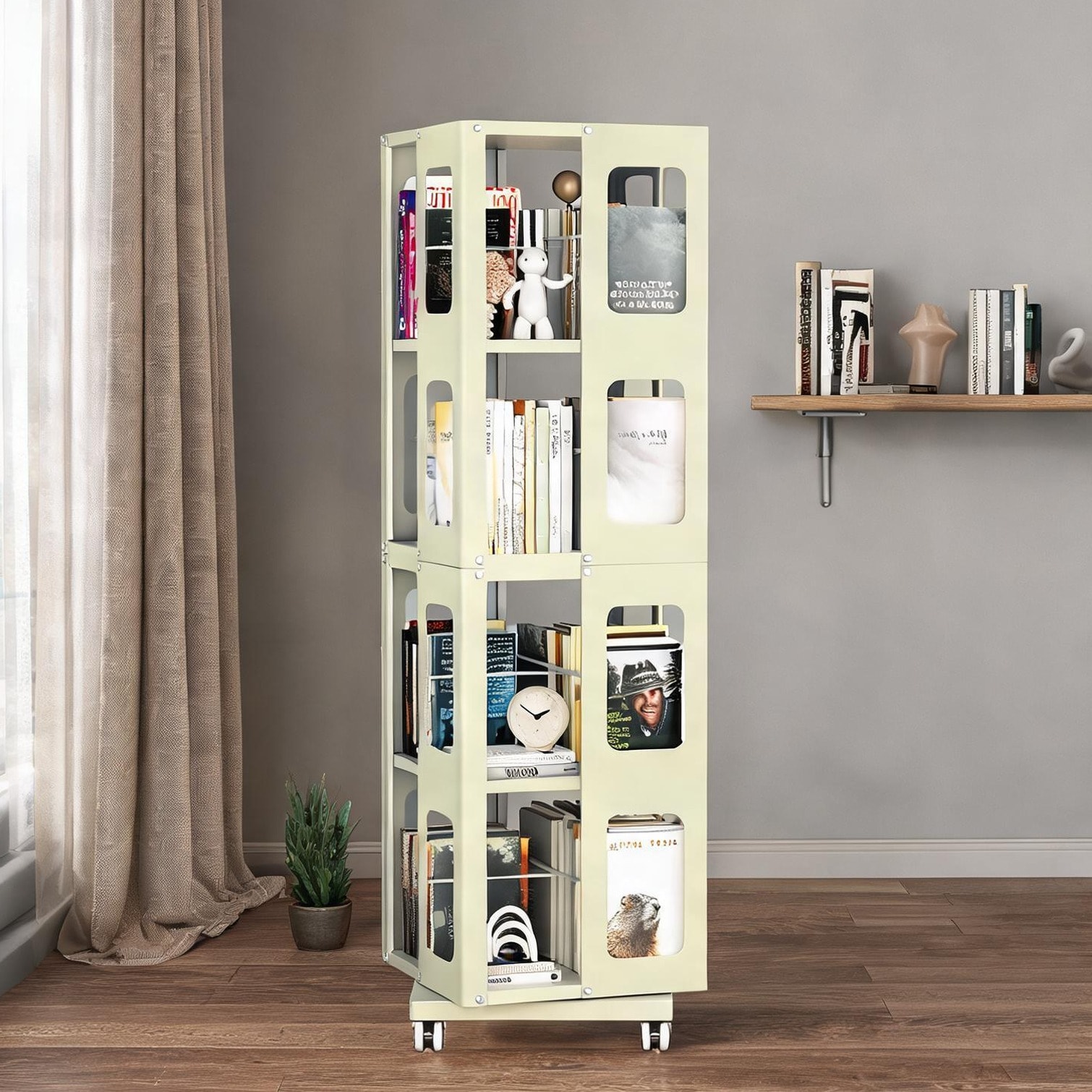 FlowLuxe Yellow-toned steel rotating bookshelf with 4 spacious tiers 360 wheels and modern style