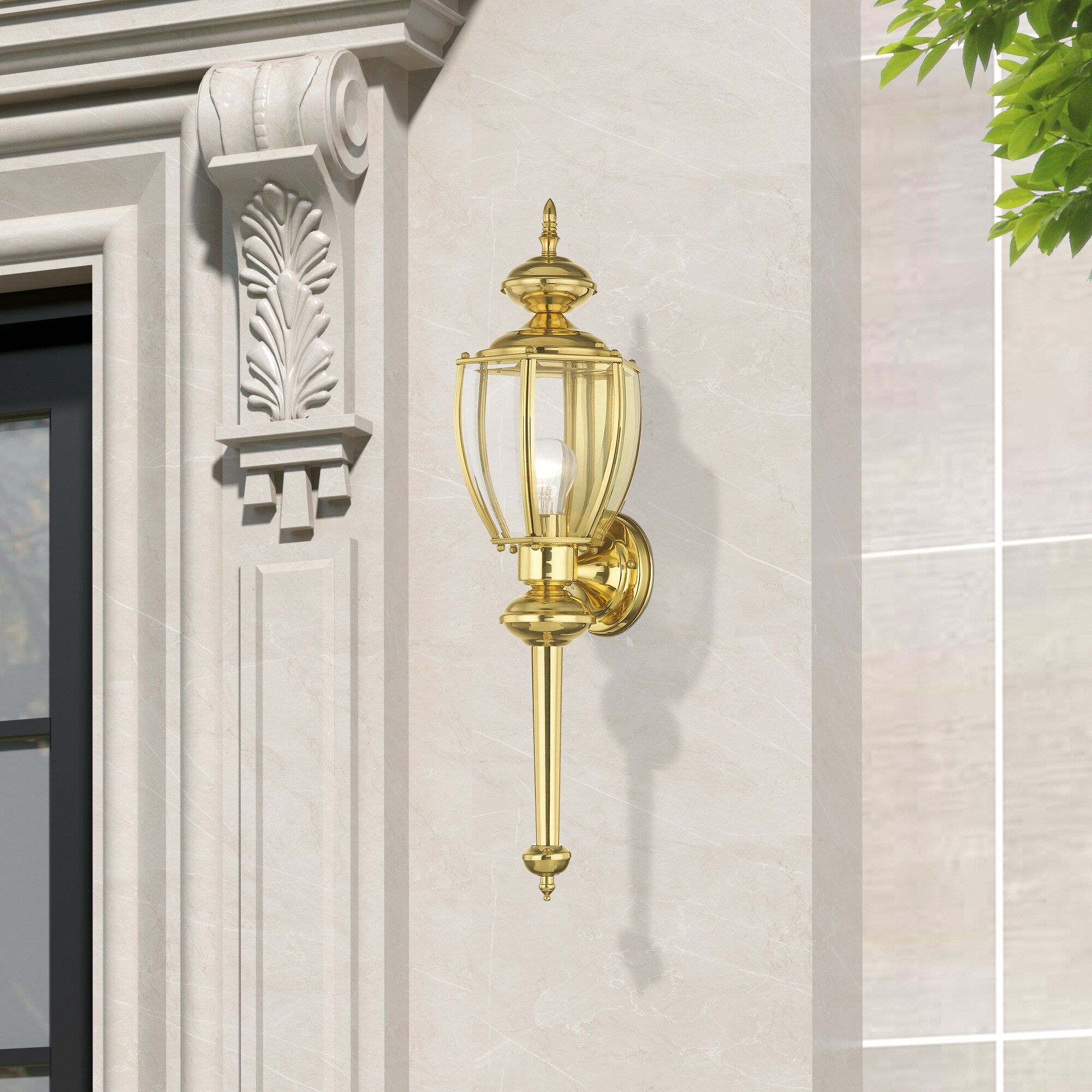 Elegant Polished Brass Outdoor Wall Lantern with Clear Beveled Glass