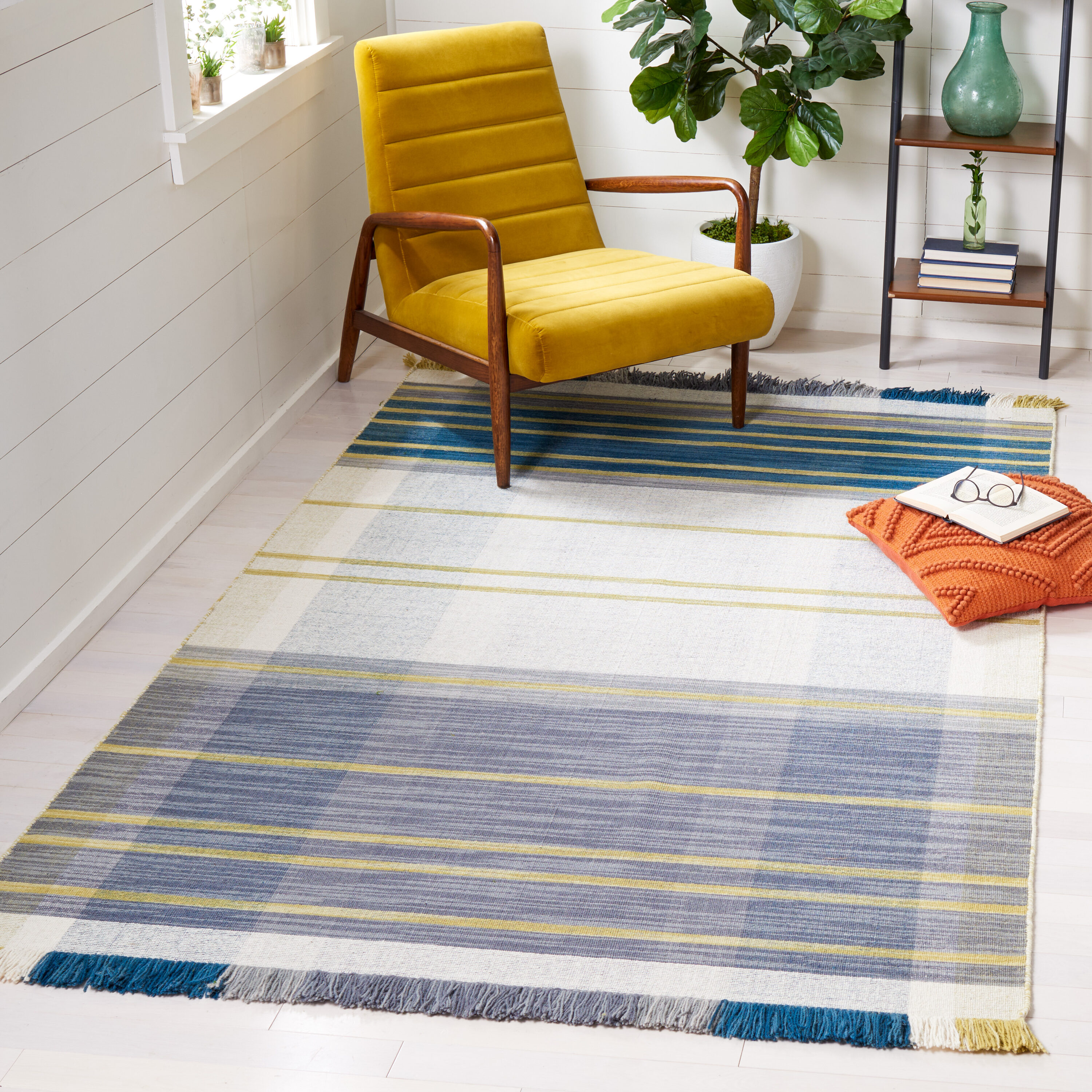  Striped Kilim 706 Beige/Teal Contemporary 4ft x 6ft Rectangle Rug
