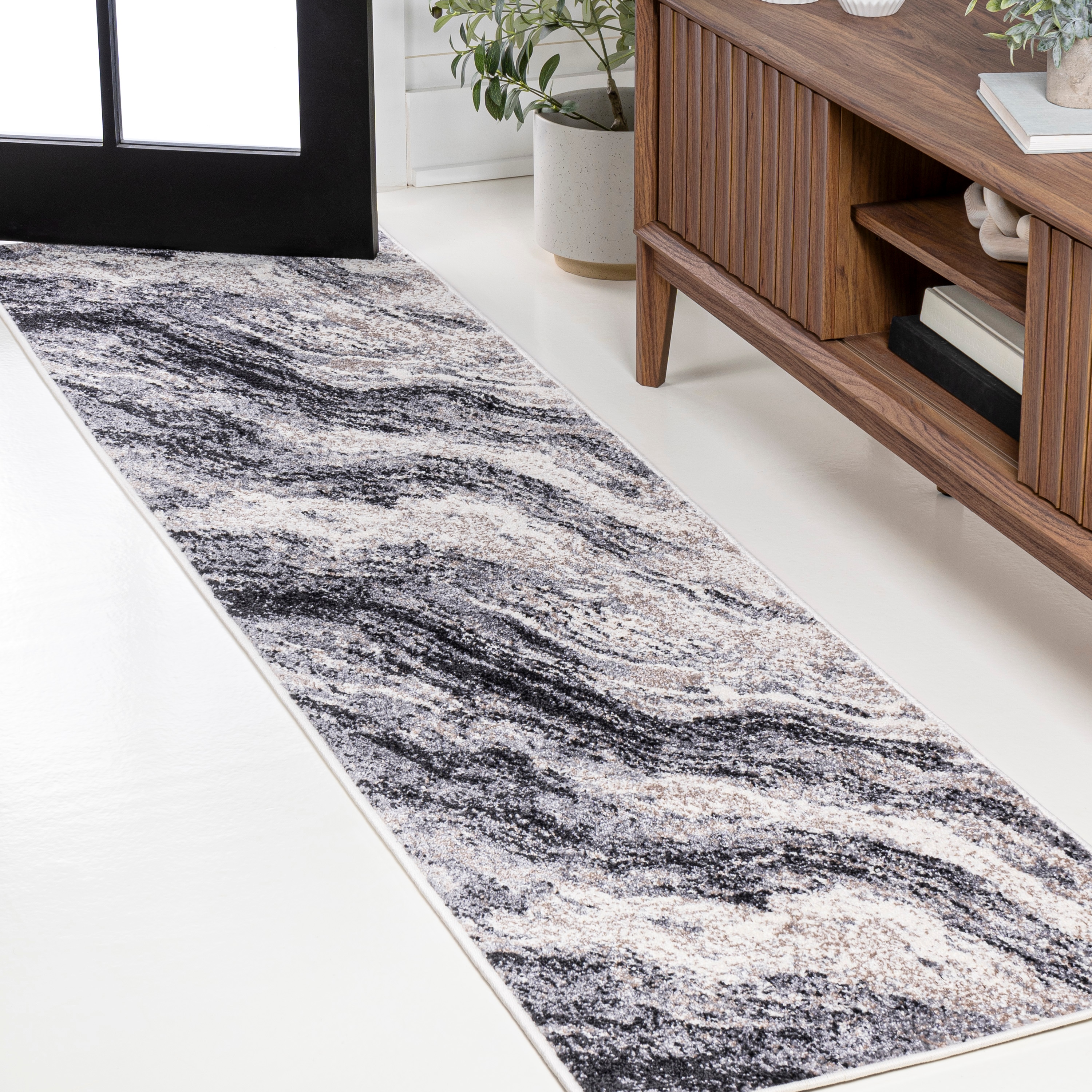 JONATHAN  Y SEU300A-28 SUPERSOFT Kassia Abstract Marble 2 x 8 (ft) Loomed Polypropylene Charcoal/Cream Rectangular Indoor Abstract Bohemian/Eclectic Runner rug