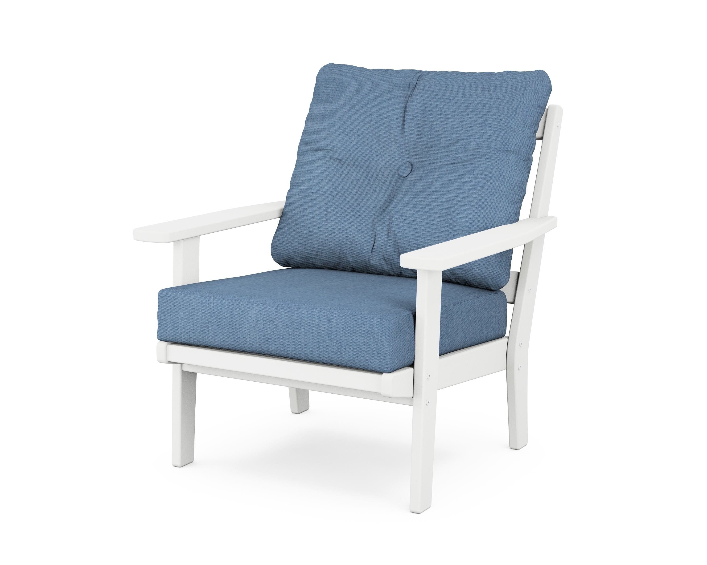 POLYWOOD 4461-WH161147 Prairie White Plastic Frame Stationary Conversation Chair with Blue Slat Seat