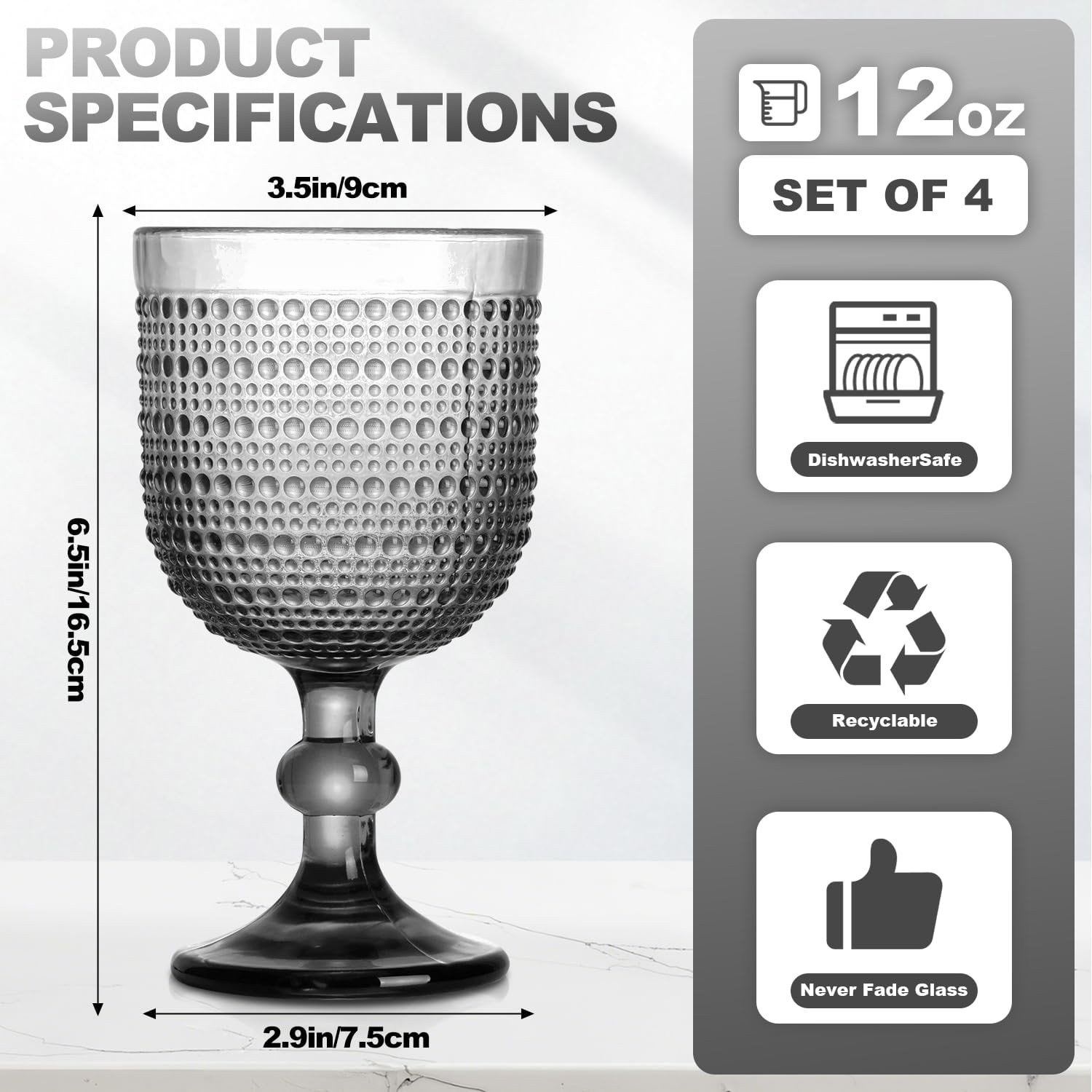 Aoibox  12 oz Clear Vintage Hobnail Wine Glass Set of 4 with Embossed Pattern and Wide Base for Weddings Parties