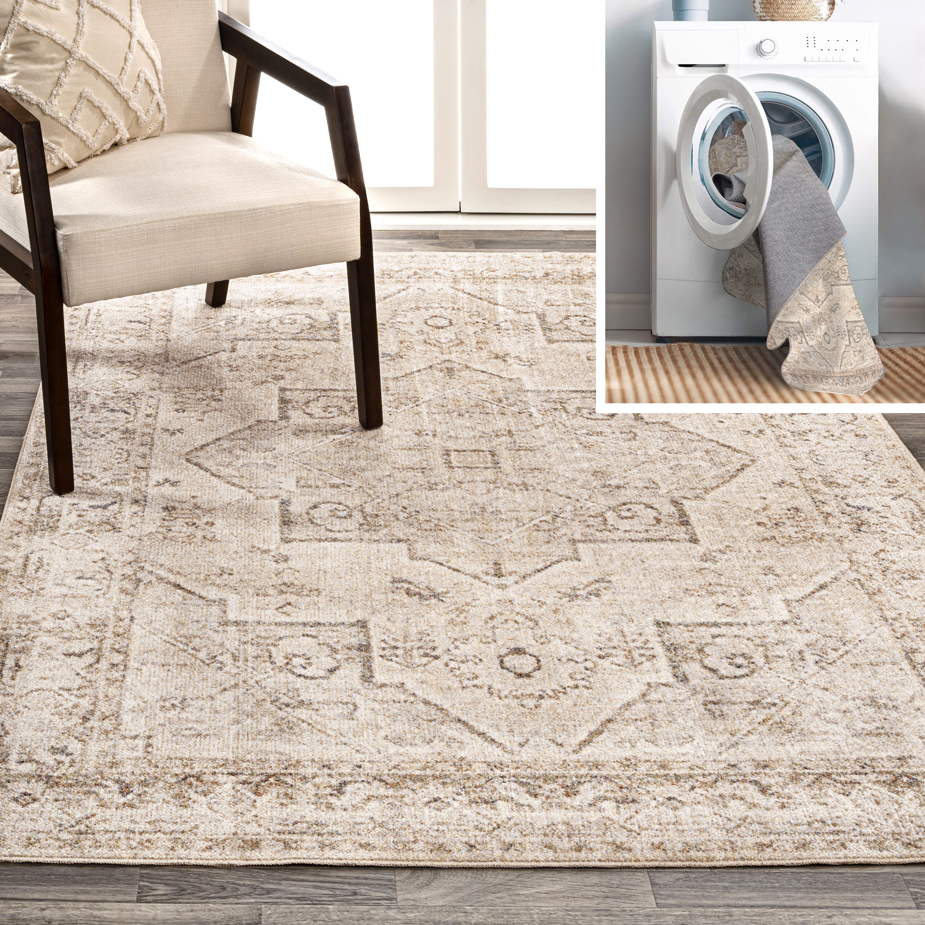 JONATHAN  Y WSH318A-4 WASHABLE Koda Vintage Native American Medallion 4 x 6 (ft) Loomed Polyester Cream/Brown Rectangular Indoor Medallion French Country Machine washable Area rug