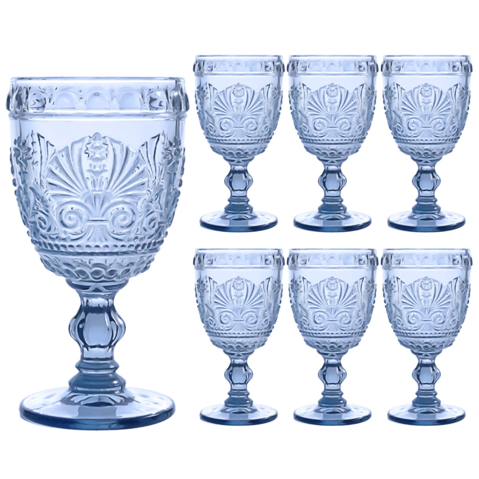 Aoibox  Vintage Blue Floral Embossed Pink Engraved Texture Stemmed Decorative Glass Wine Goblet Single Piece