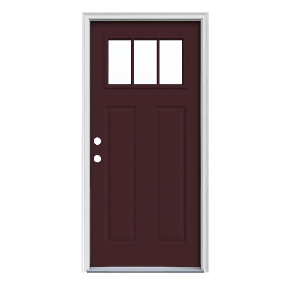 JELD-WEN LOWOLJW182400065 32-in x 80-in x 4-9/16-in Steel Craftsman Right-hand inswing Currant Painted Prehung Front Door with Brickmould Insulating core