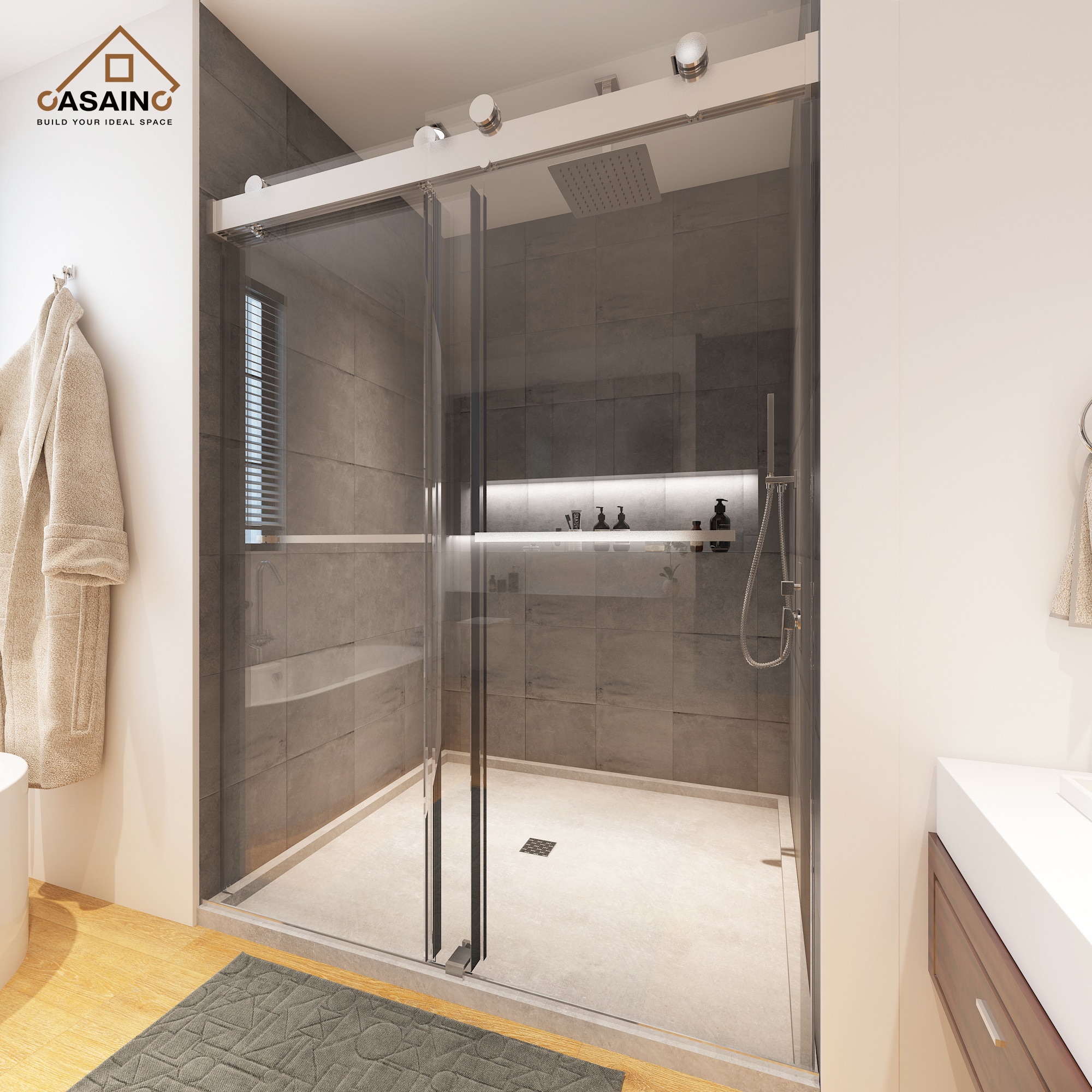 CASAINC CABN03-60 Sliding Frameless Shower Door Brushed Nickel 60-in W x 76-Inches H Frameless Standard Sliding Shower door 3/8-in Thick Clear Glass