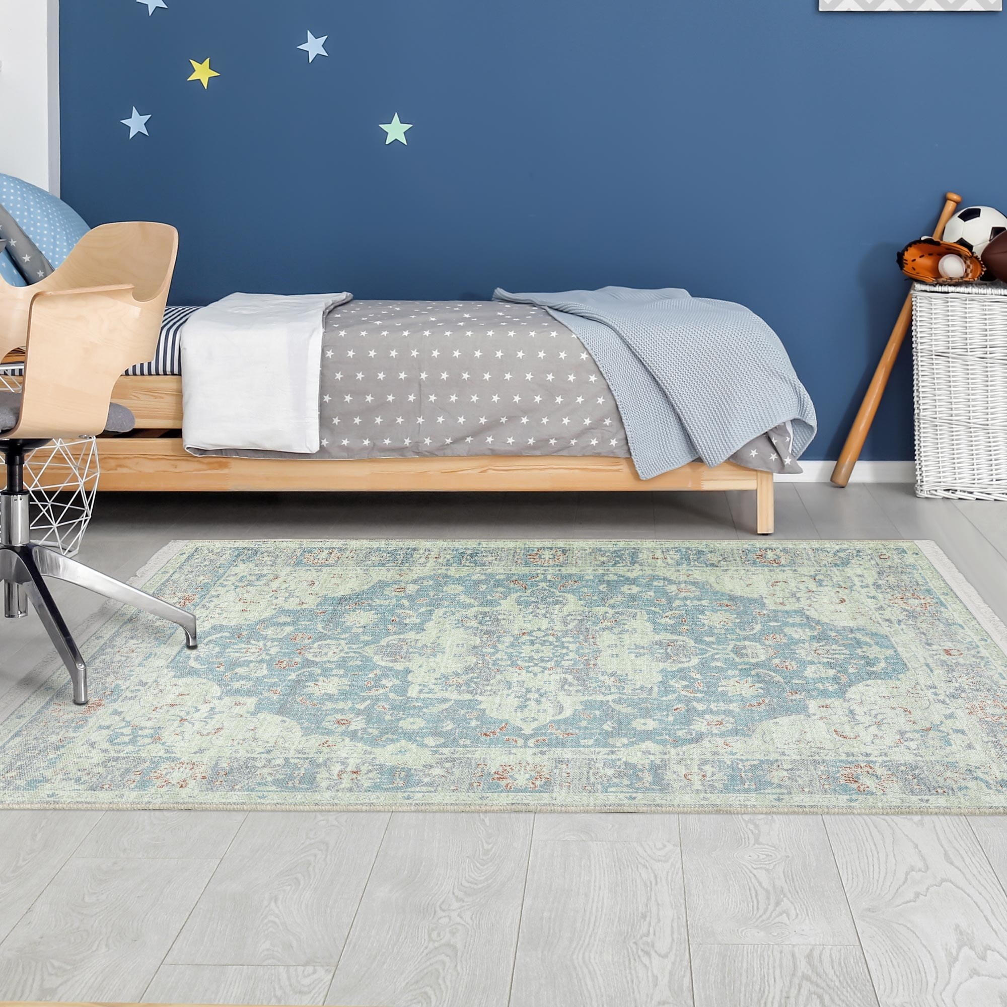 Greenish Blue Medallion Flatweave Washable Area Rug 4' x 6'