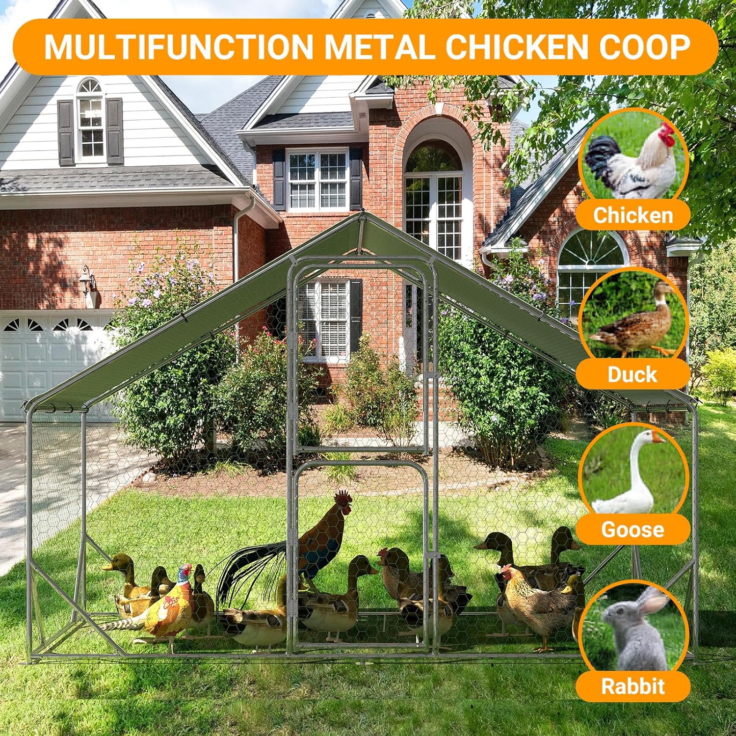 Qeetex GGL-PHO-15UBC2LO 6FT Metal Chicken Coop Outdoor Heavy Duty Walk-in Poultry Cage Waterproof UV Protection Cover Lockable Double Doors with Peaked Roof - Backyard Farm Large Chicken Coop for Ducks and Hens