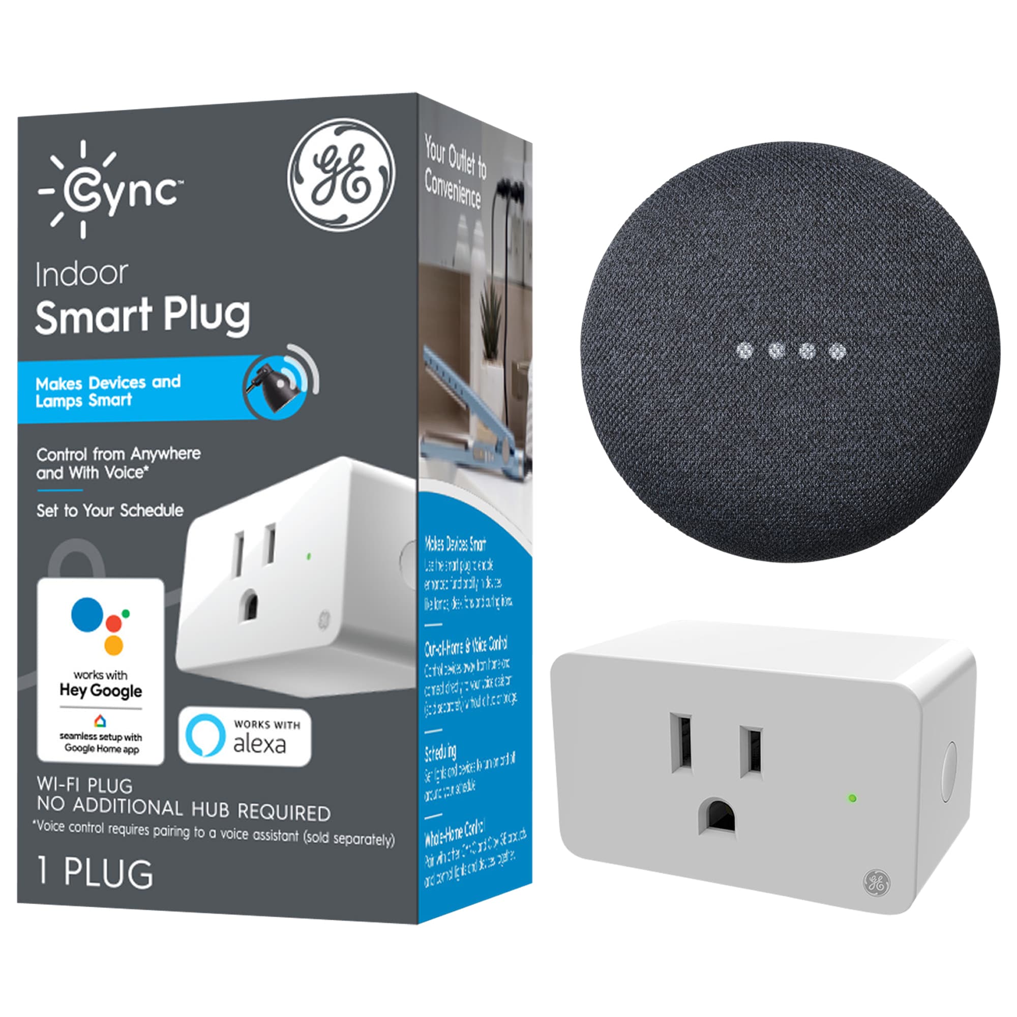 Google Nest Mini (2nd Gen) Smart Speaker with Google Assistant Voice Control in Charcoal + GE Cync 120-Volt-Volt 1-Outlet Indoor Smart Plug