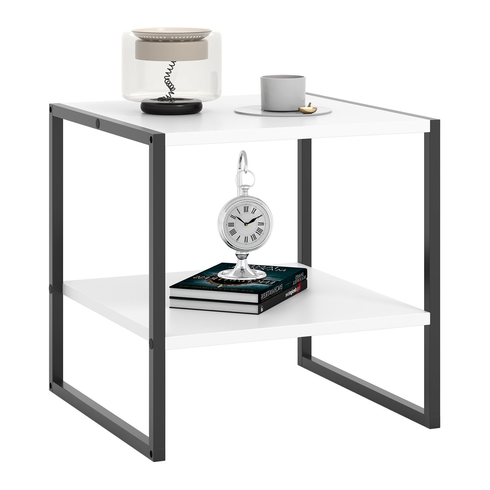 Slickblue D-CO-HW72911VJ White and Black Square Side Table - 20W x 20H 2-Tier Engineered Wood and Metal Contemporary End Table with Storage for Sofa or Nightstand