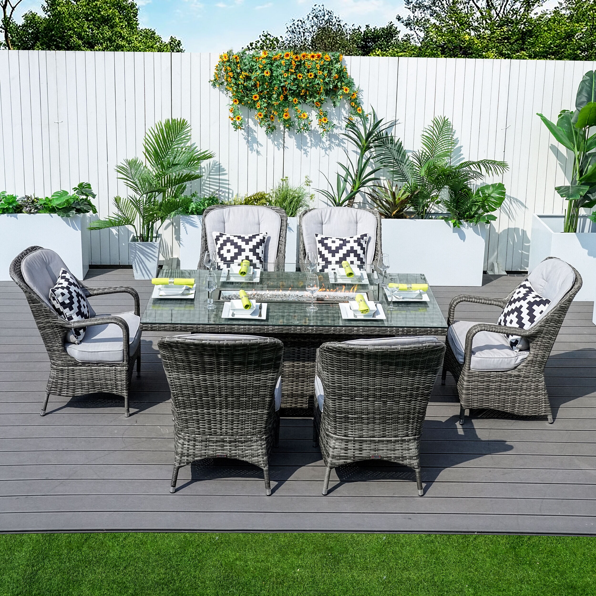Moda Furnishings MOG-1106R-G Ivan 7 -Piece Gray Wicker Patio Dining Set Wicker Rectangle Table with 6 Gray Cushions Stationary Chairs Fire Pit Included