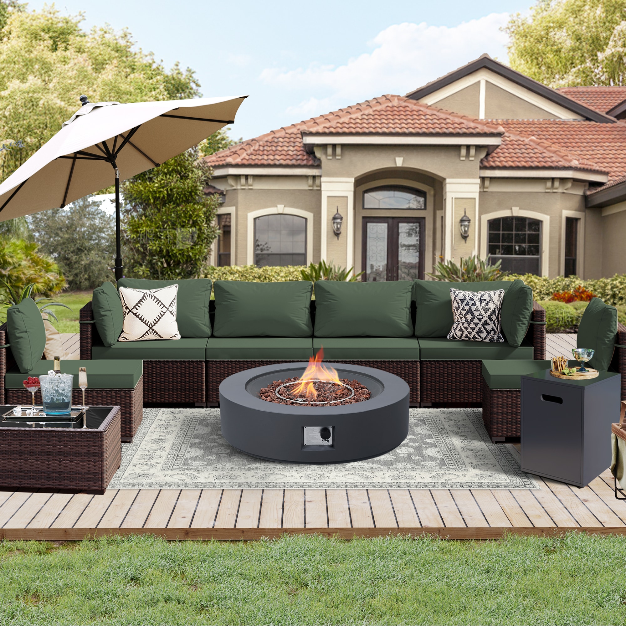 UPHA PL-2CZ-42TPDK-Z2 Brown Wicker Patio Furniture Set 9 -Piece Wicker 4 Patio Sofa Conversation Set with Green Cushions