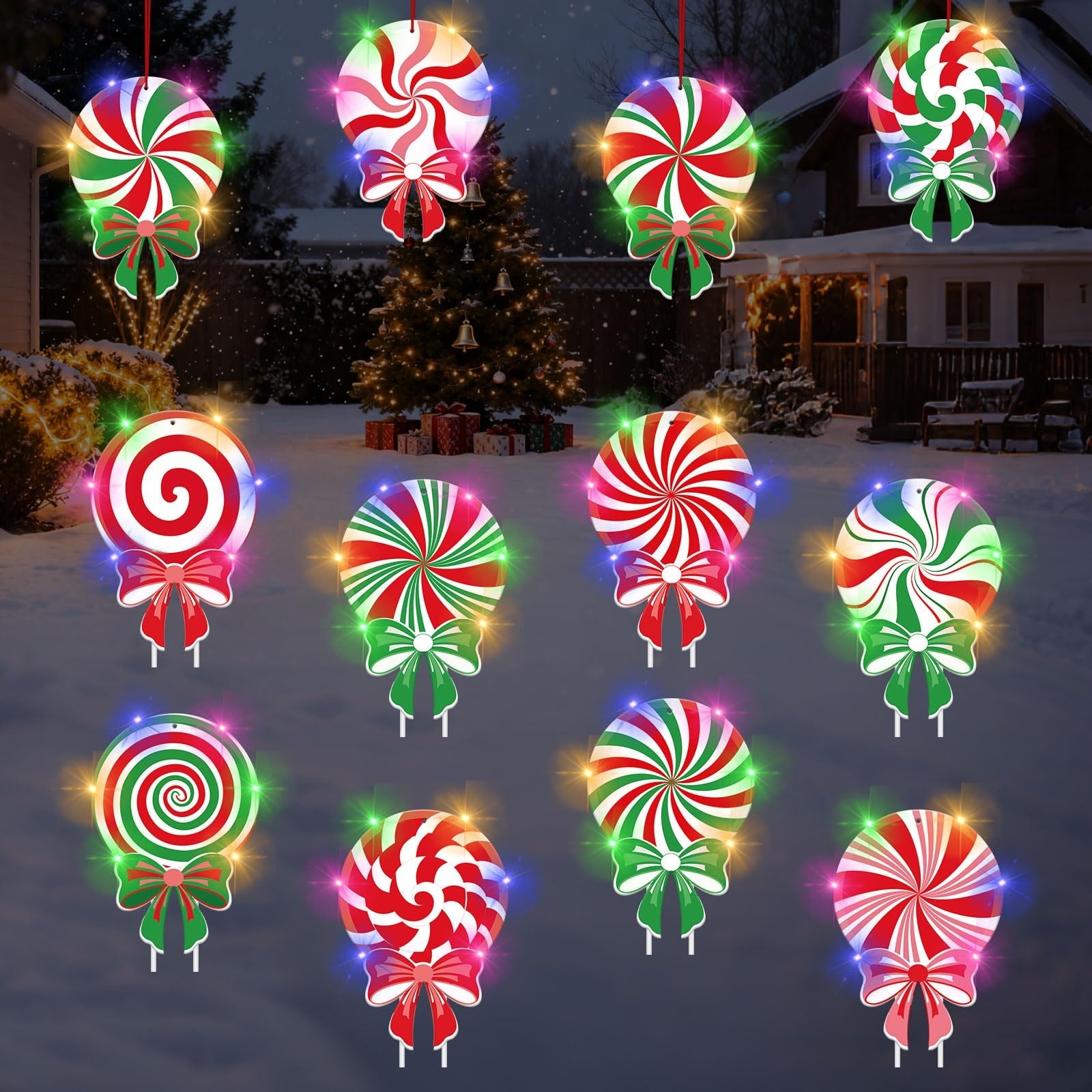 AOIZGMY  12 pcs Christmas Candy Yard Signs with LED Lights Peppermint Lollipop Outdoor Decorations with Stakes for Garden Lawn Patio Pathway