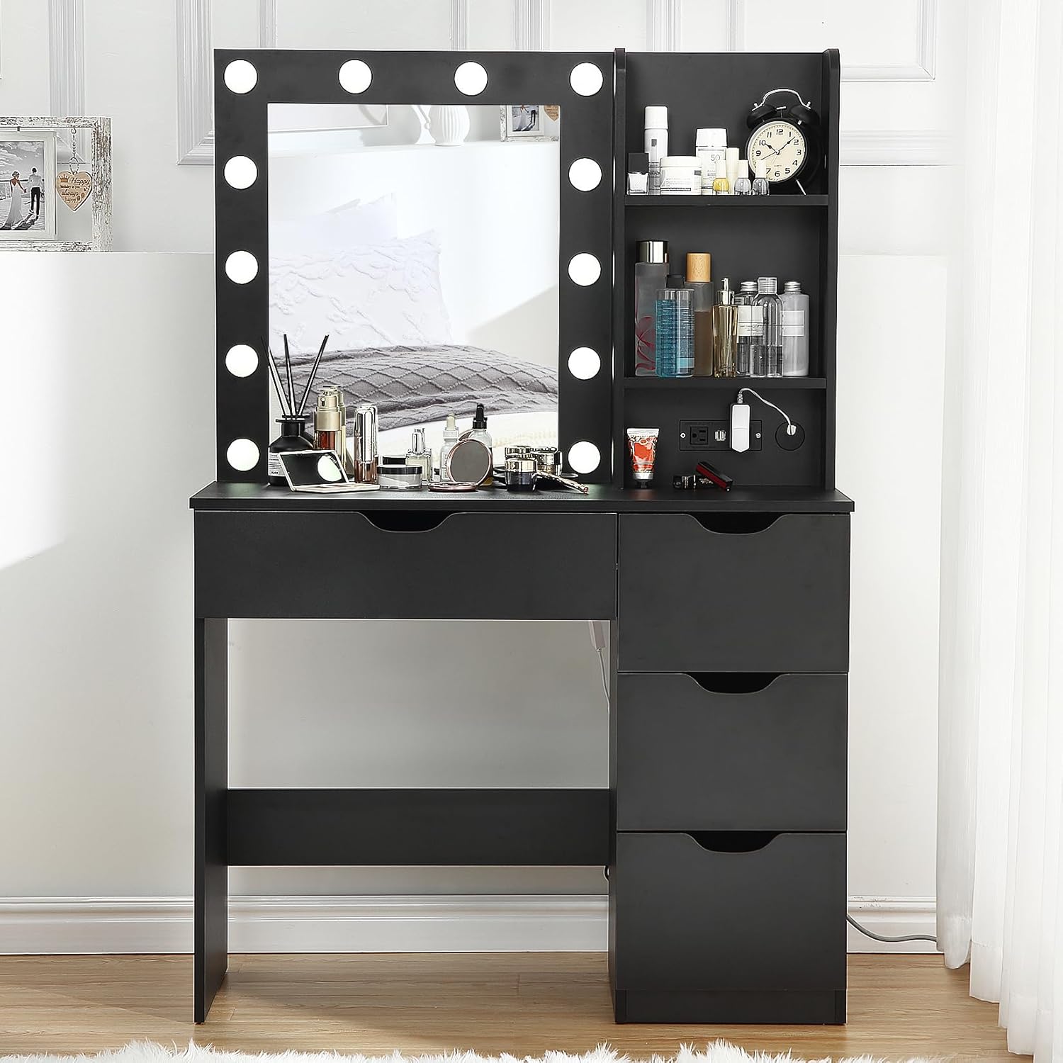 Qeetex LHF-SZT-PHO-0Y7TC5V8 Vanity Desk Table with Mirror/Charging Station/3 Lighting Modes Adjustable Brightness Lights - Makeup Vanity for Bedroom Dresser with 4 Storage Drawers Cabinet/2 Storage Shelves - Black