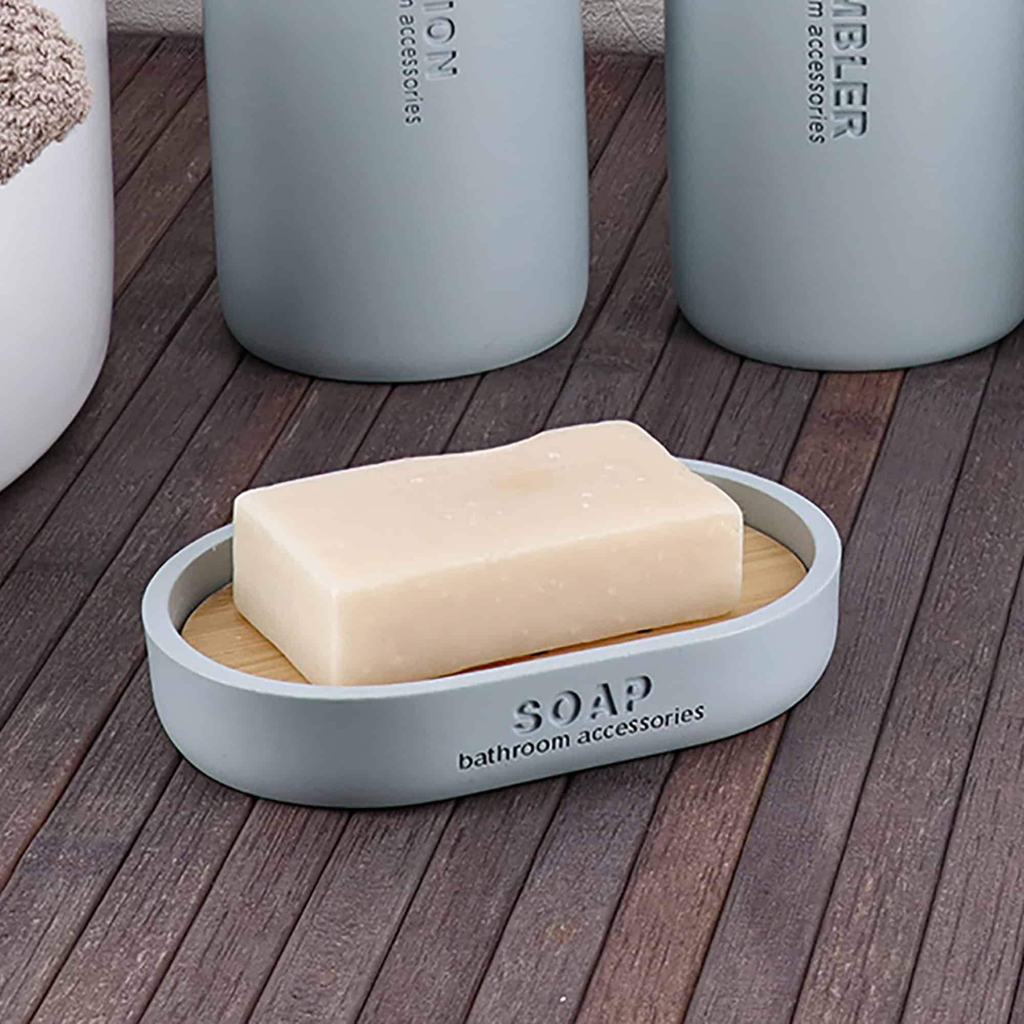 EVIDECO FRENCH HOME GOODS Chic Light Blue Polyresin Soap Dish with Draining Bamboo Insert - Versatile Soap Holder for Contemporary Home