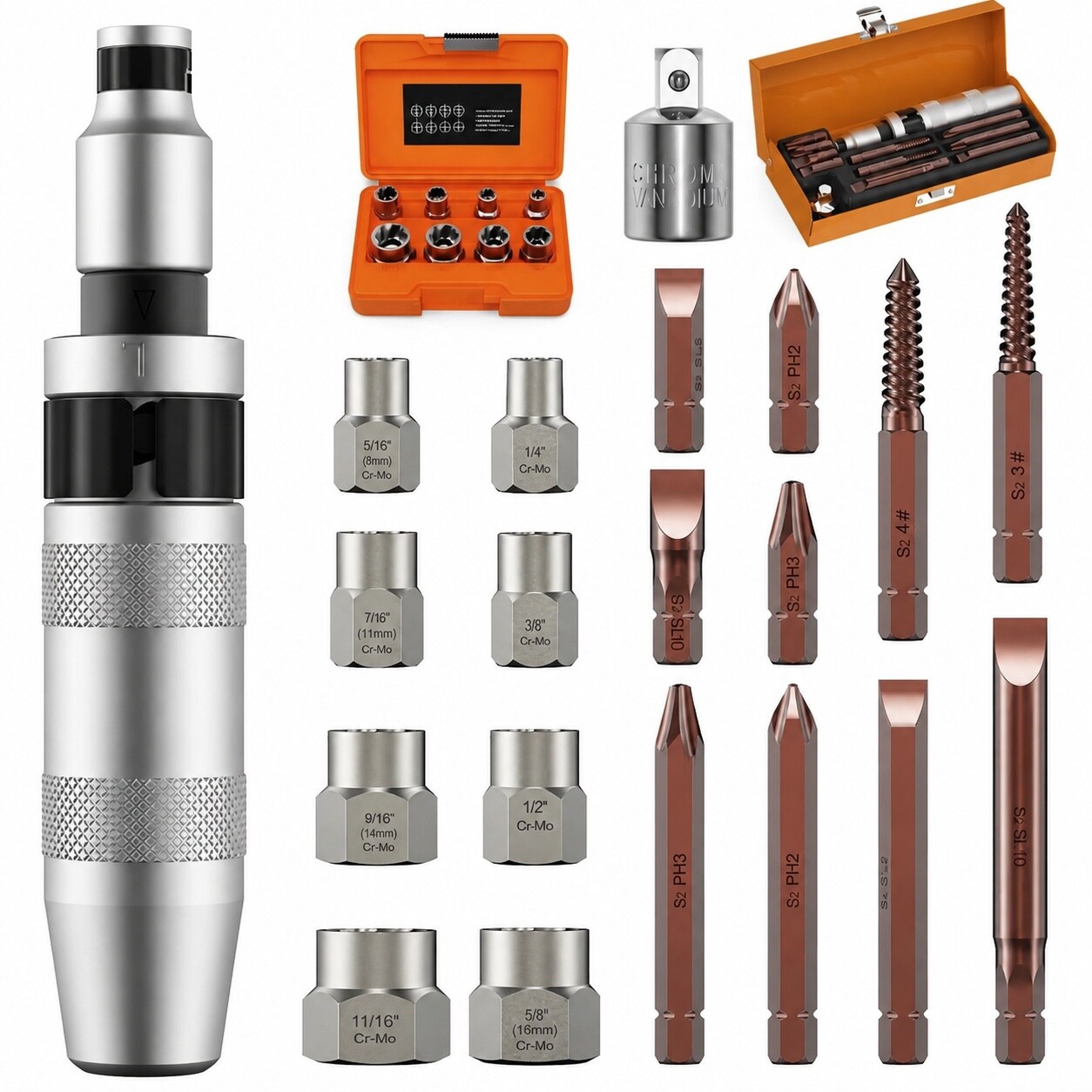 KHKFY 12PCS 3/8 Hand Manual Impact Driver and 8PCS 3/8 Bolt Extractor Set for Removing Damaged Rusted Screws Bolts with Slotted Phillips #LKH0812B446