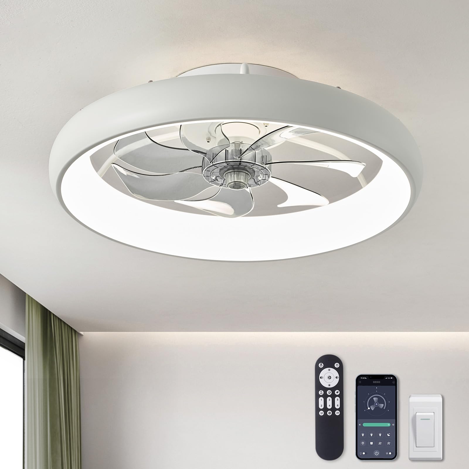 SILJOY Y1095-WH 20 inch White Modern Flush Mount Ceiling Fan with Lights and Remote Control Included (7blades)