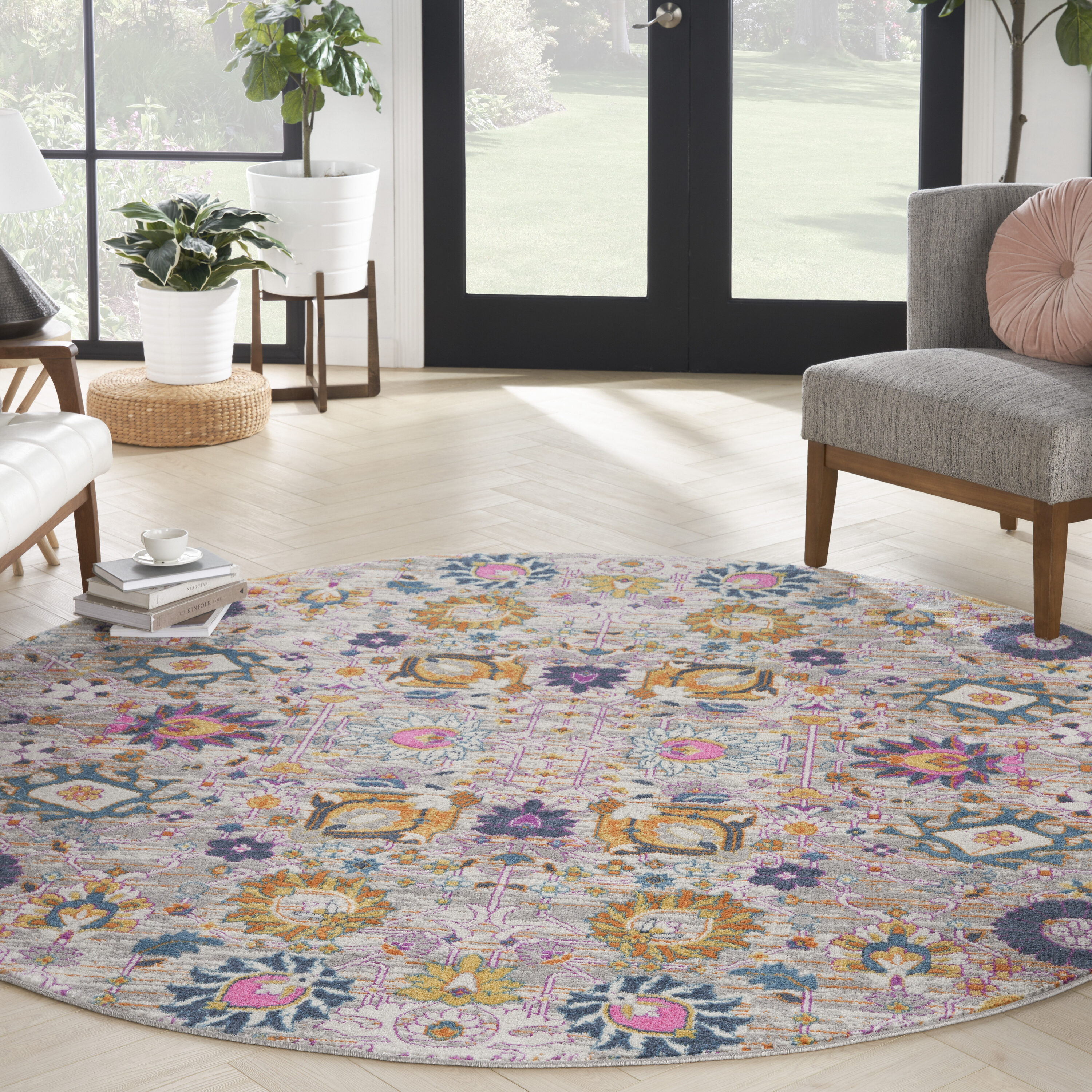 Nourison 099446013941 Passion 8 x 8 (ft) Loomed Polypropylene Silver Round Indoor Floral/Botanical Bohemian/Eclectic Area rug