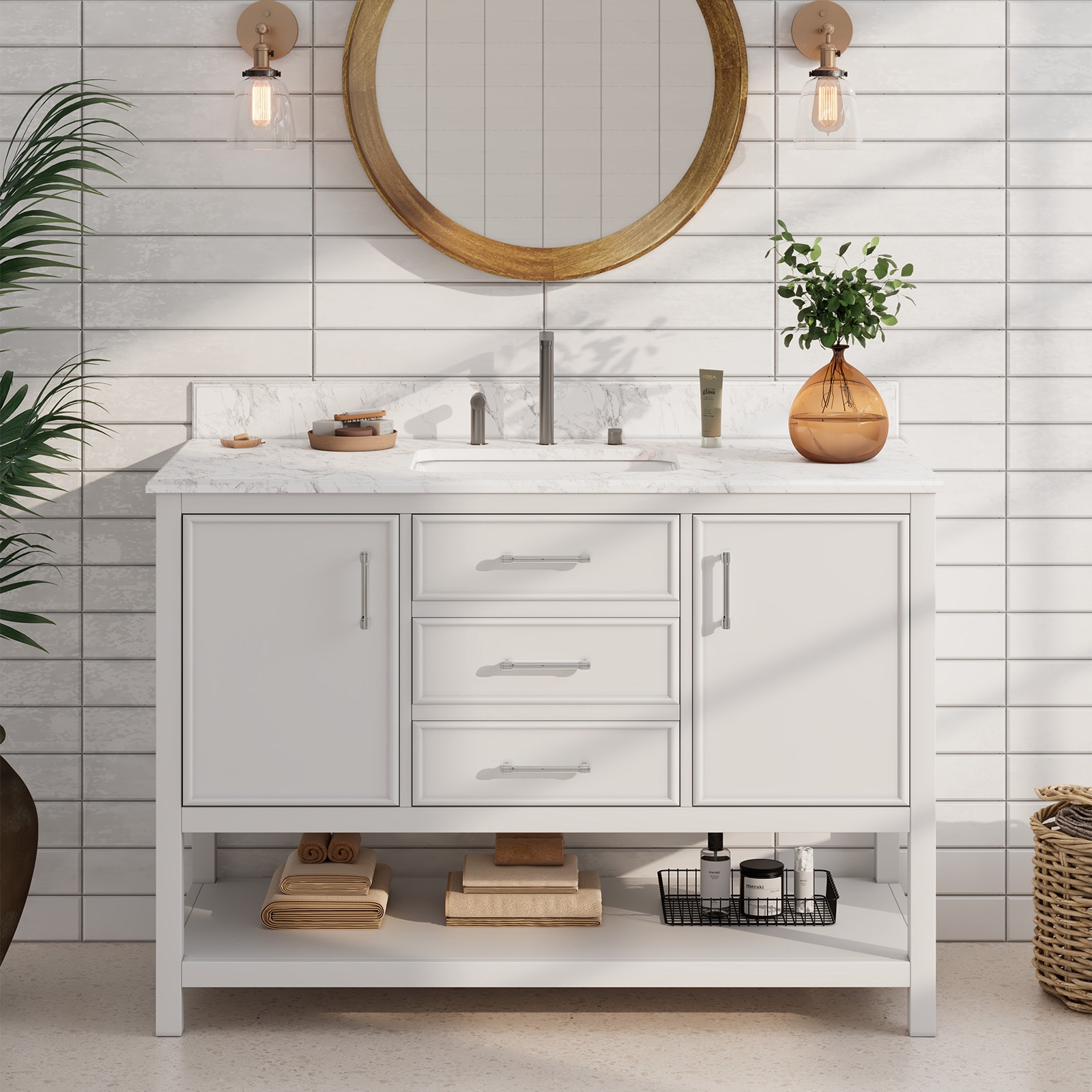 JEAREY DXRZJ-3S-BE 48-in White Single Sink Bathroom Vanity with Golden Ceramic Top