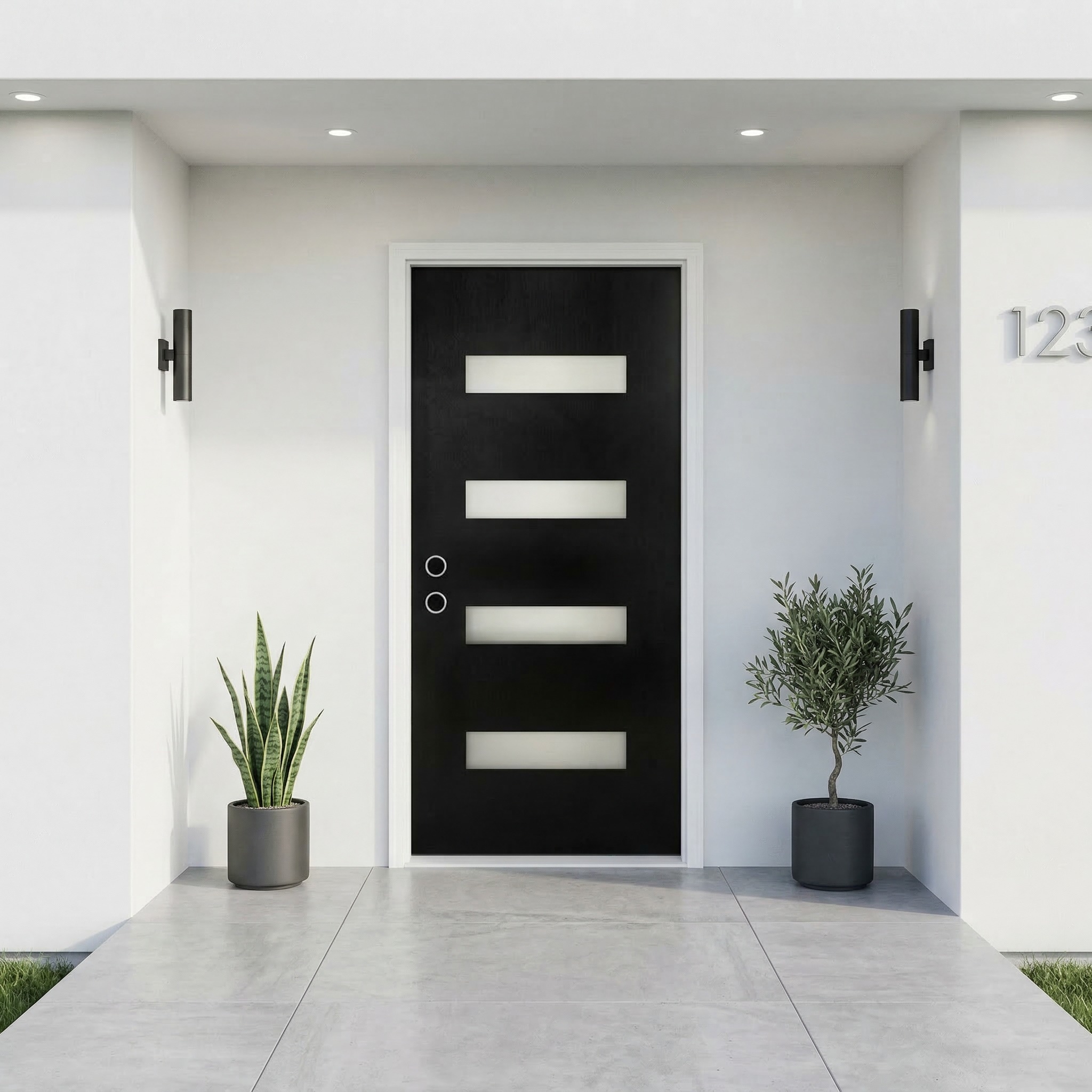 Wooakway 32 x 80 Fiberglass Entry Door with Brickmould Frosted Glass Right Hand Inswing Black Knock-Down 4-9/16 White Vinyl Frame #FXLS0604-603Z408