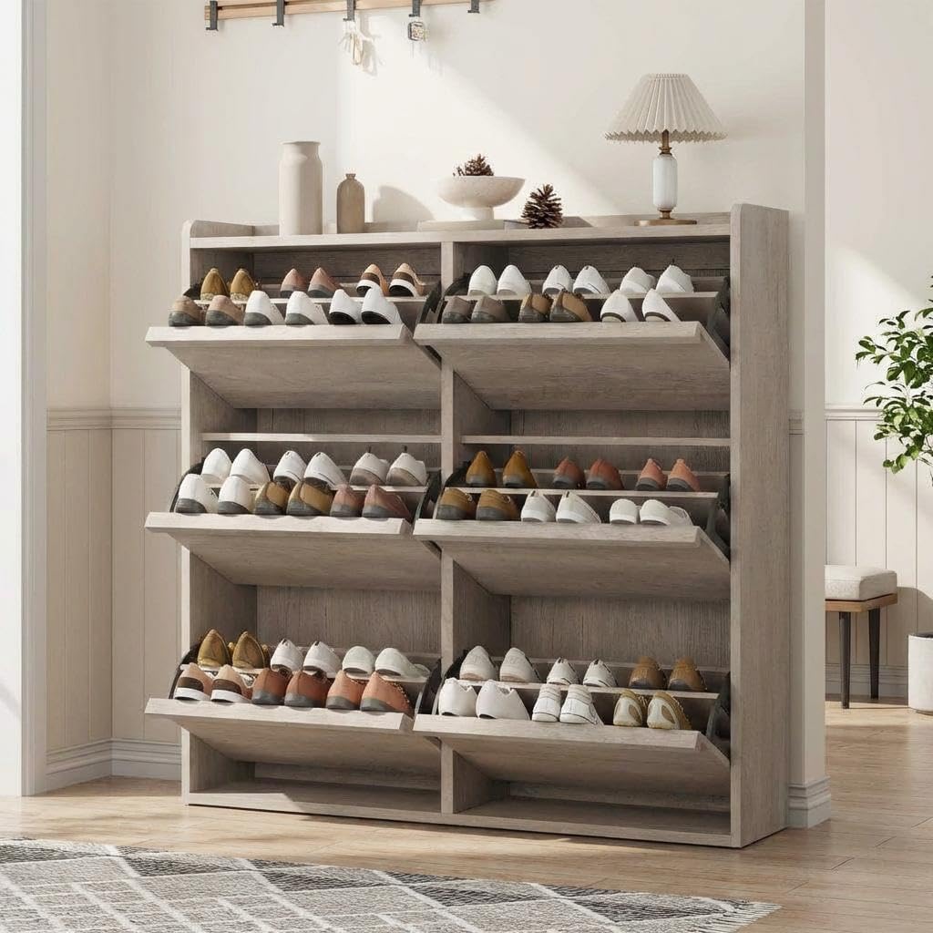 Garvee Shoe Cabinet with 6 Flip Drawers Narrow Cabinet with Adjustable and Removable Shelves Modern Wooden Shoe Organizer with Hidden Handle for Entryway Hallway Living Room Grey