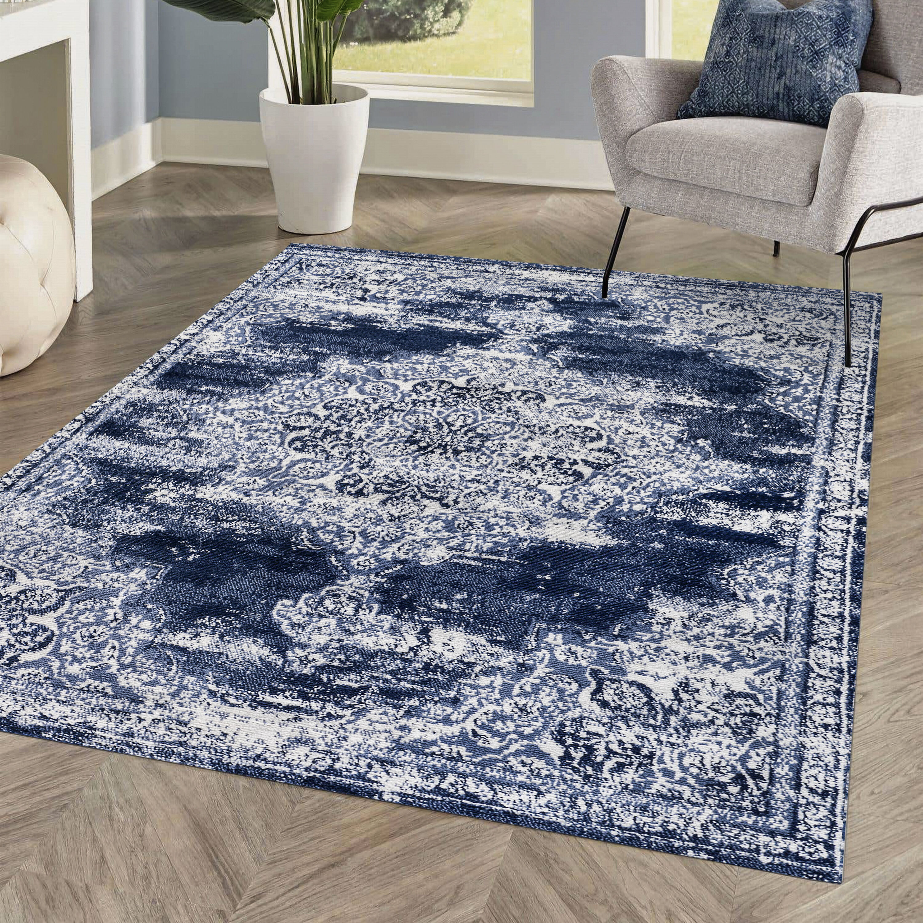 JONATHAN Y 5 x 8 Navy/Ivory Indoor Medallion Vintage Area Rug in