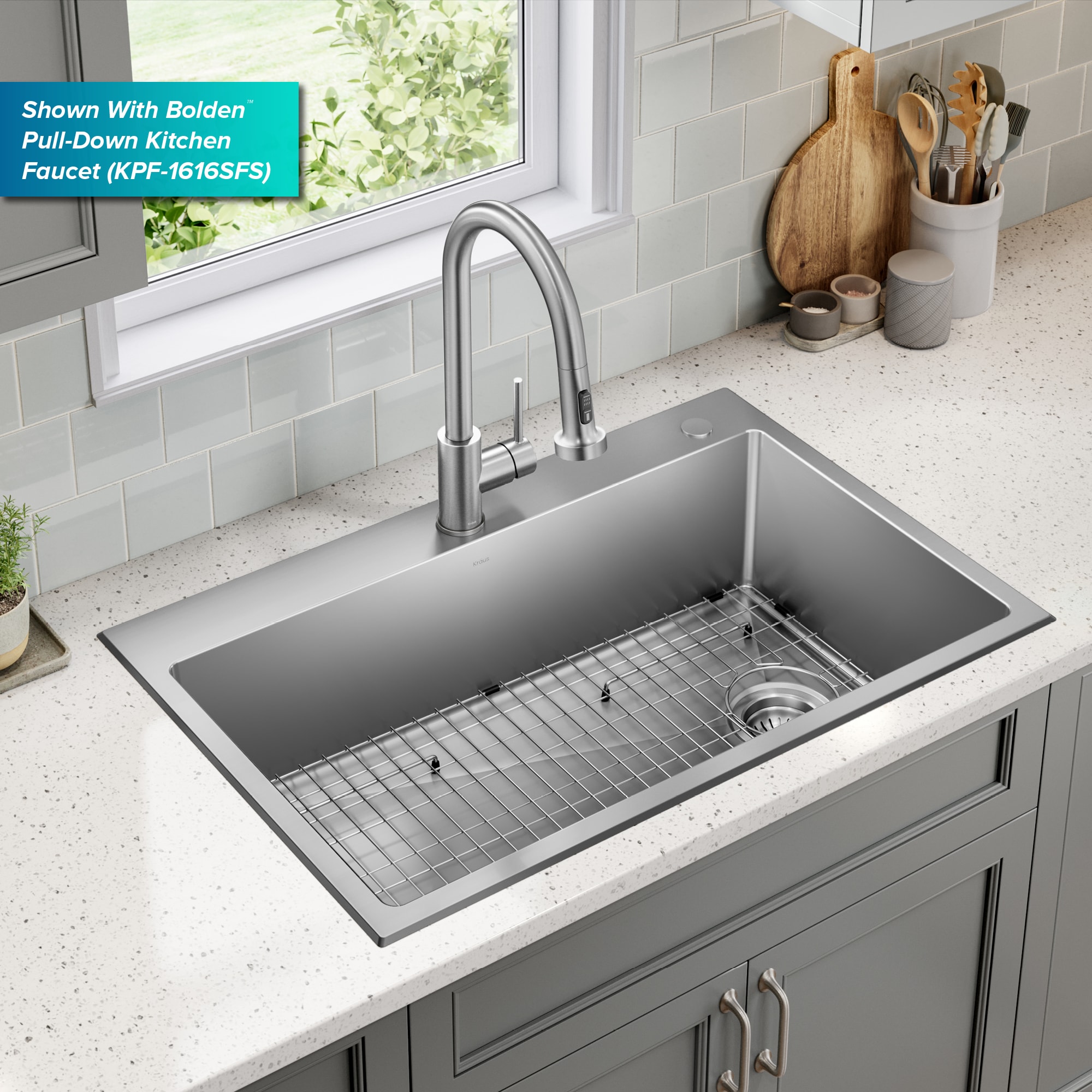 Kraus Fairlane Drop-In 33-in x 22-in Stainless Steel Single Bowl 2-Hole ...