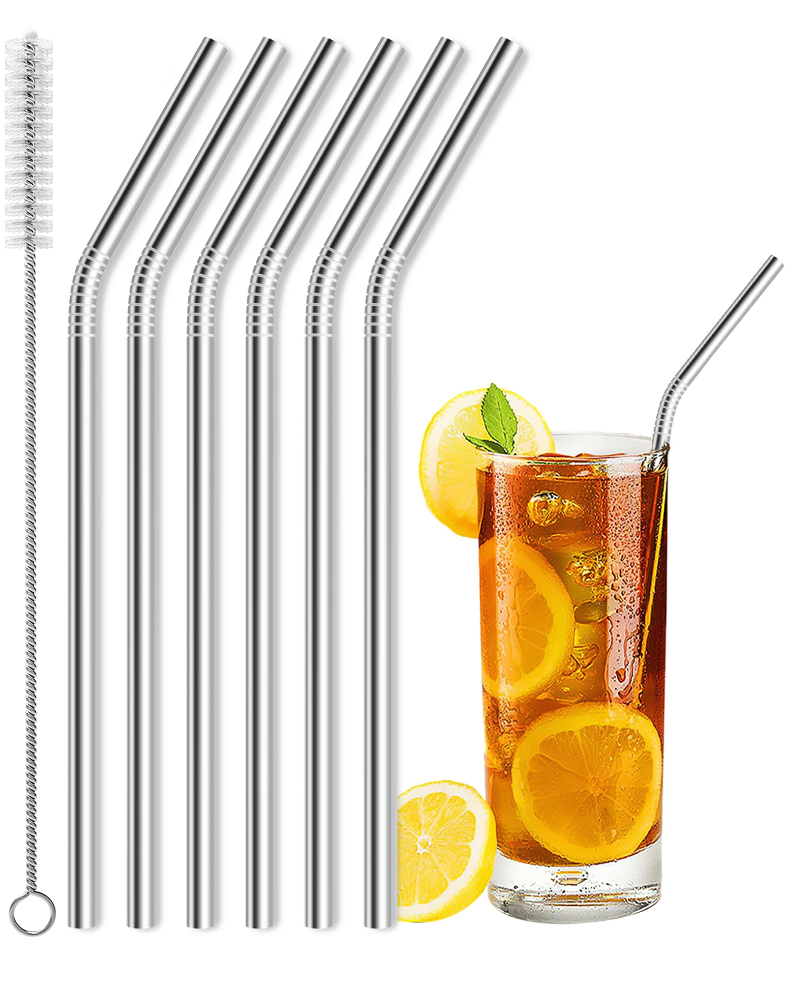 Ahfiwaso  Stainless Steel Straws Set Includes Six Reusable Metal Straws and Cleaning Brush for Tumblers Cups and Cold Beverages