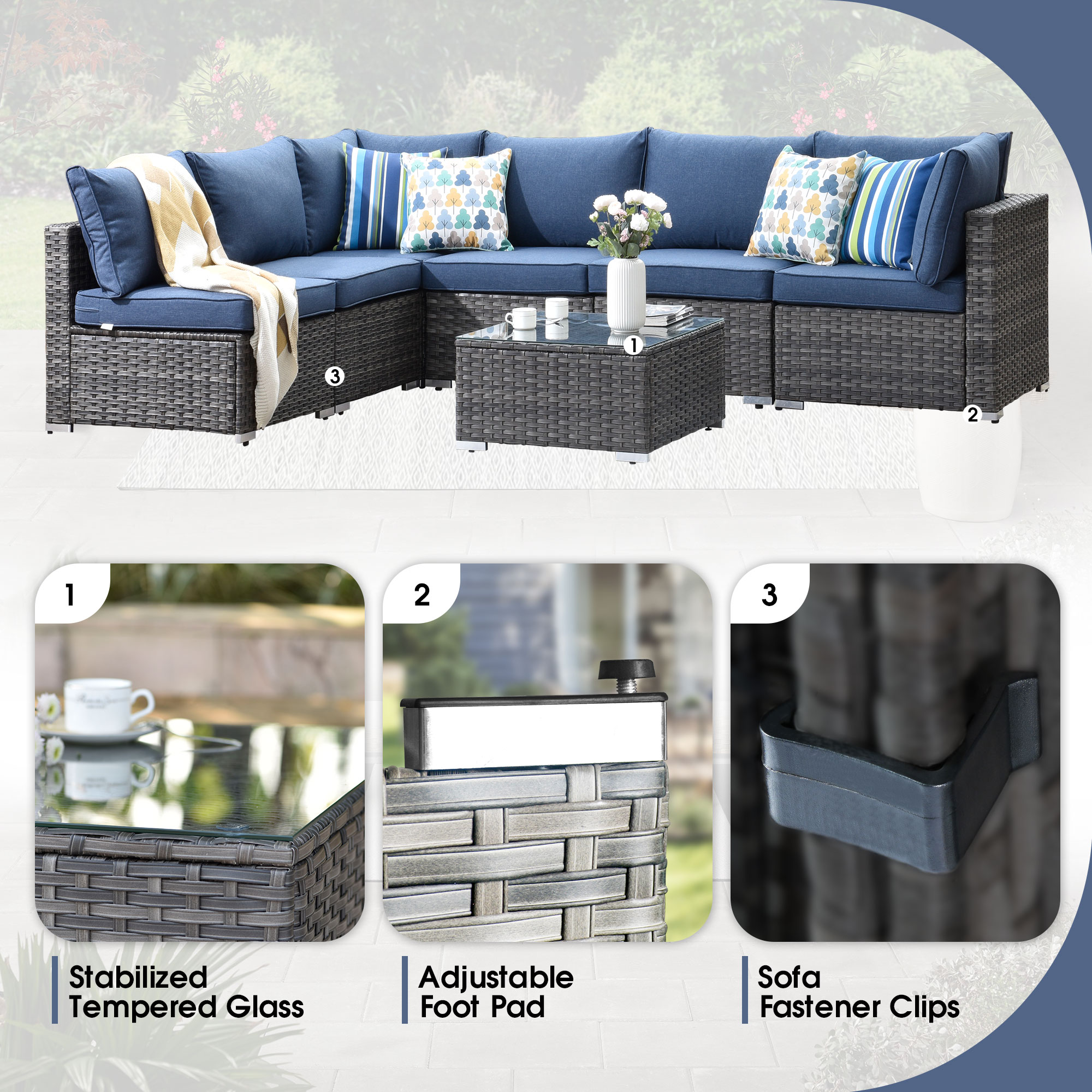 XIZZI Sunrise Rattan Outdoor Sectional with Blue Cushion(S) and Steel ...