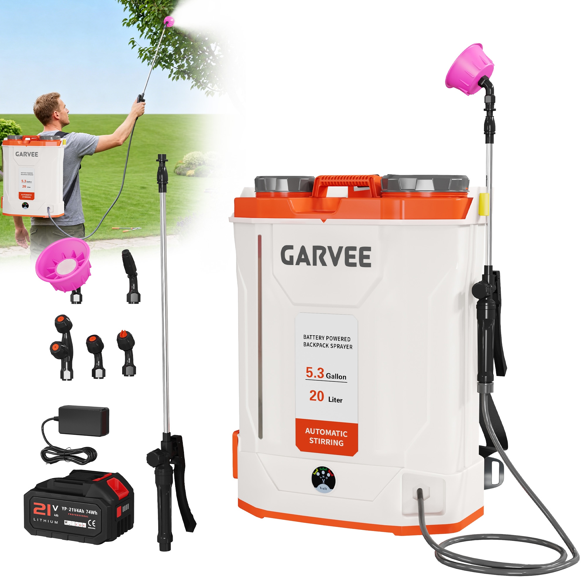 GarveeLife 5.3 Gallon Battery Powered Backpack Sprayer with Automatic Liquid Stirring 90 PSI Adjustable Pressure Electric Garden Sprayer