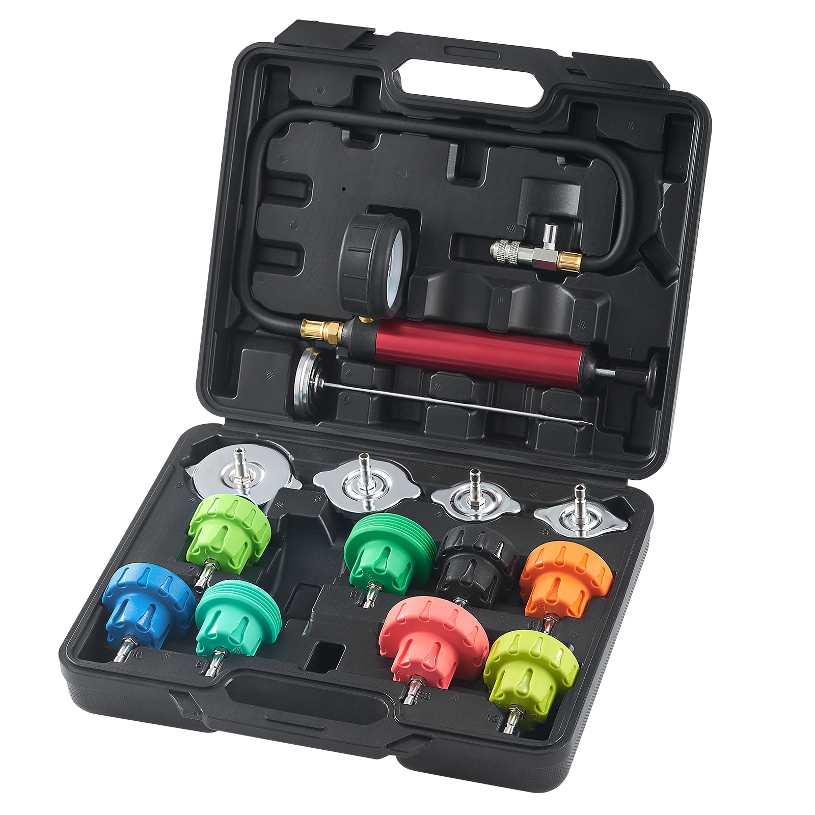 VEVOR SRQLQYYLCSY192TC2V0 14 pcs Universal Radiator Pressure Tester Kit, Coolant Pressure Tester Kit with Manual Pump and Color coded Steel Test Cap Adapters, with Toolbox, For Cars Motorcycles Trucks Cooling System