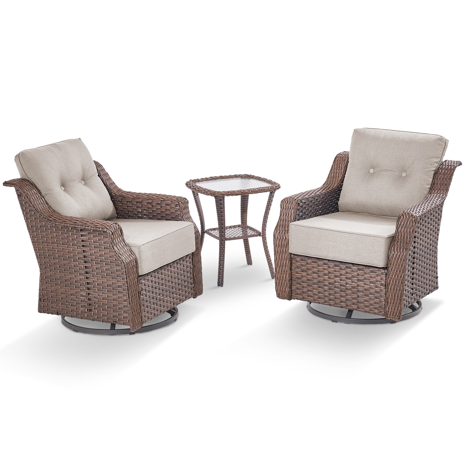 Rilyson FSCCBR2060-2 Set of 2 Wicker Brown Stainless steel Frame Swivel glider Conversation Chair with Beige Cushioned Seat