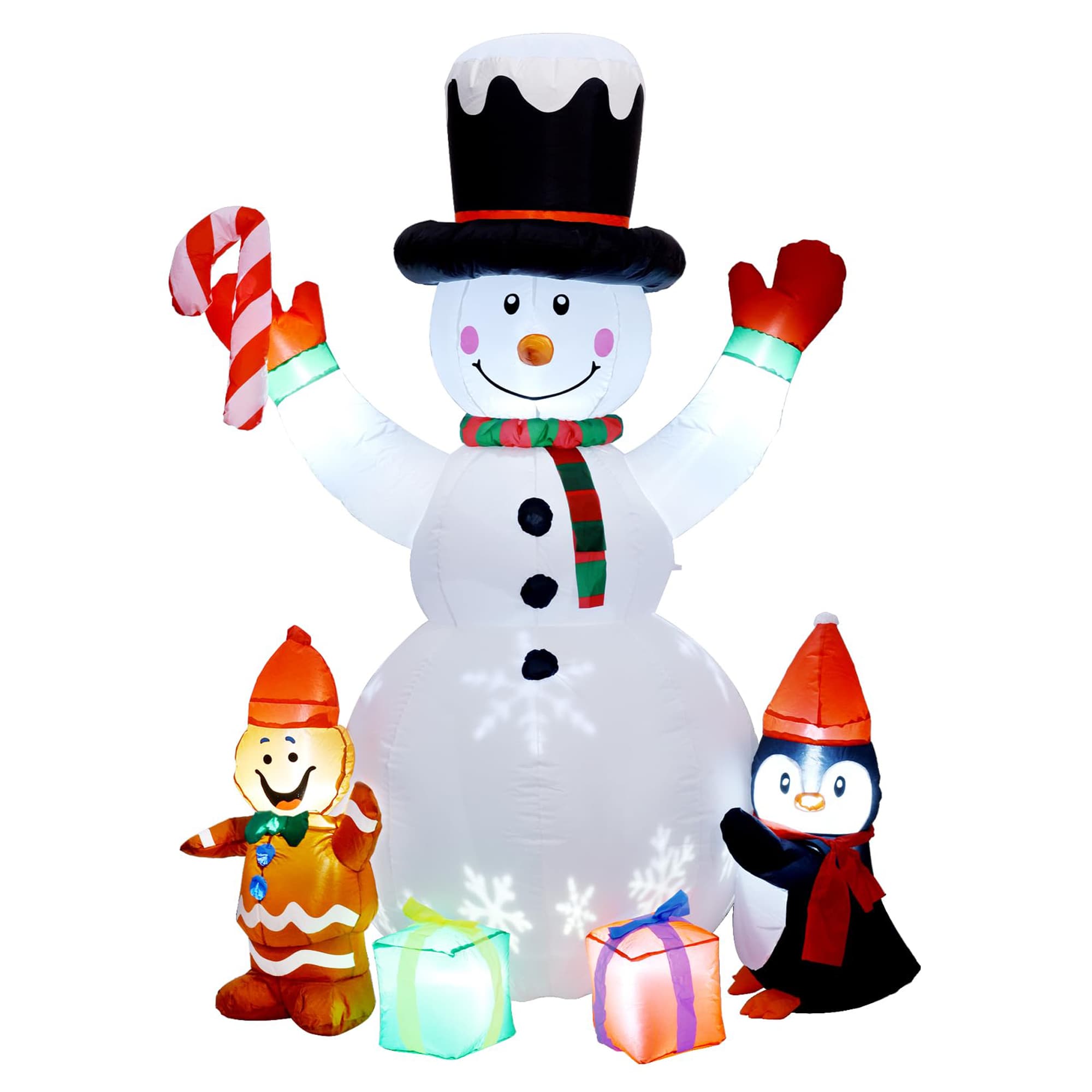  6ft Inflatable Snowman Outdoor Decoration with Built in Rotating LED Snowflake Lights Waterproof Polyester Includes 4 Stakes 2 Ropes 2 Sandbags 1 Piece