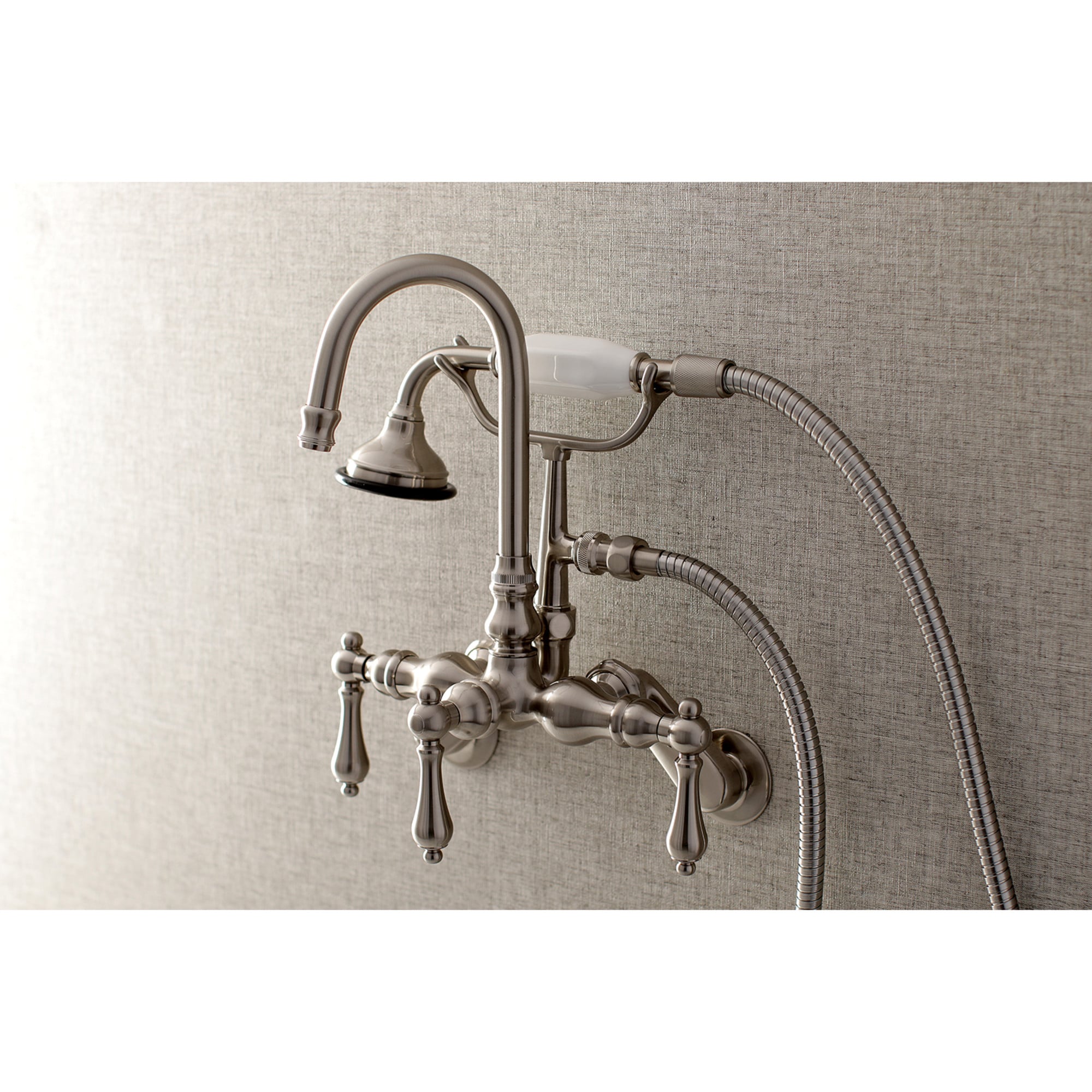 Kingston Brass WLAE301T8 Vintage Brushed nickel 3-handle Wall-mount High-arc Bathtub Faucet with Hand Shower ( Valve Included )