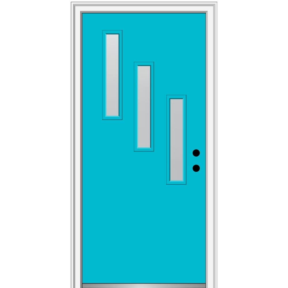 MMI DOOR ZZ347900L Spotlights 30-in x 80-in x 4-9/16-in Fiberglass Pulse lite Left-hand inswing Bahama Blue Painted Prehung Front Door with Brickmould Insulating core