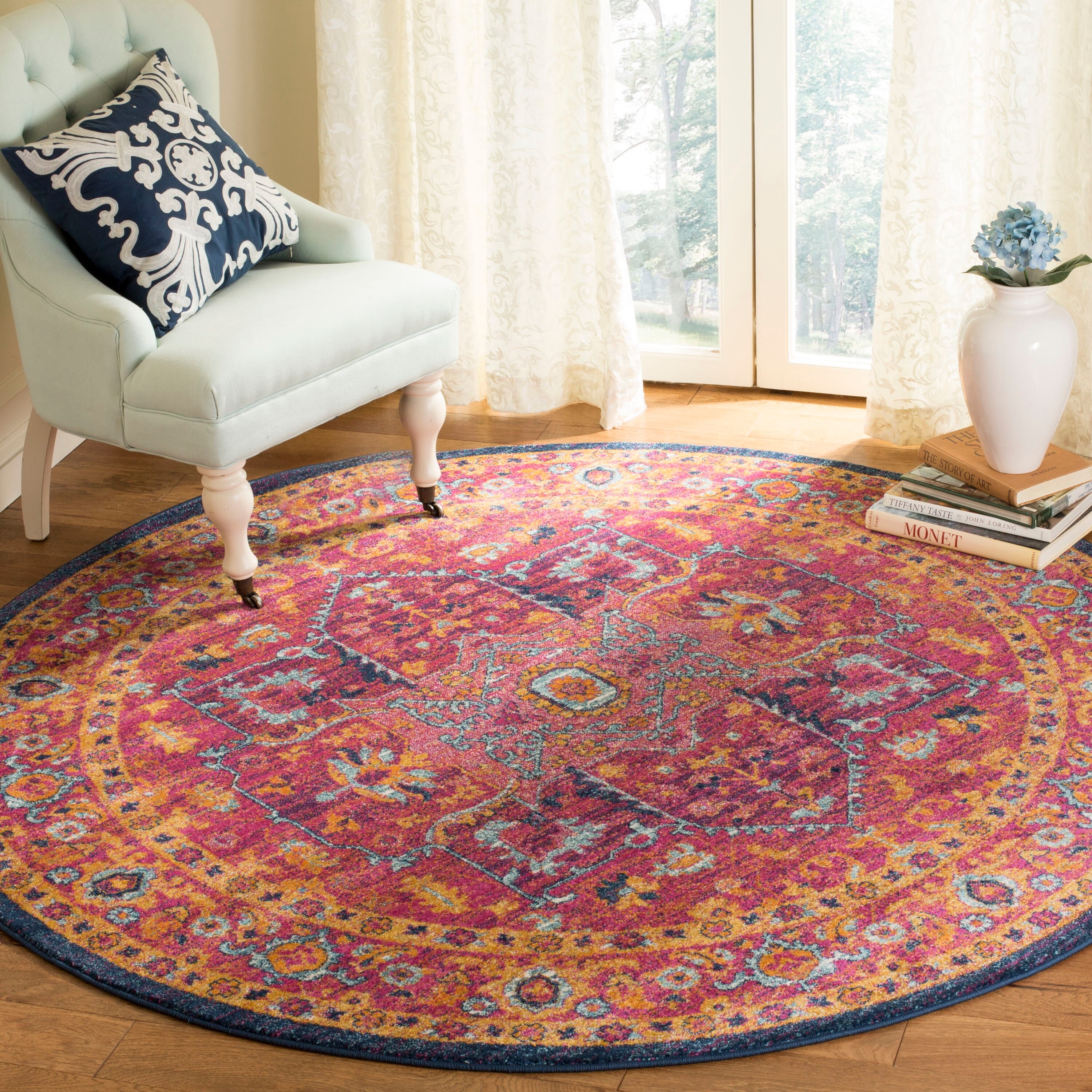 Safavieh EVK275S-3R Evoke Livia 3 x 3 (ft) Loomed Synthetic Fuchsia/Orange Round Indoor Distressed/Overdyed Vintage Throw rug