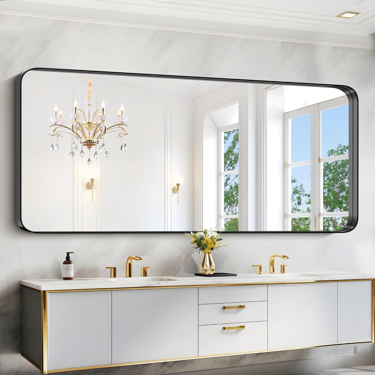 waterpar WPLO-2263 72-in x 32-in Polished Rectangle Bathroom Vanity Mirror ( Matte Black )