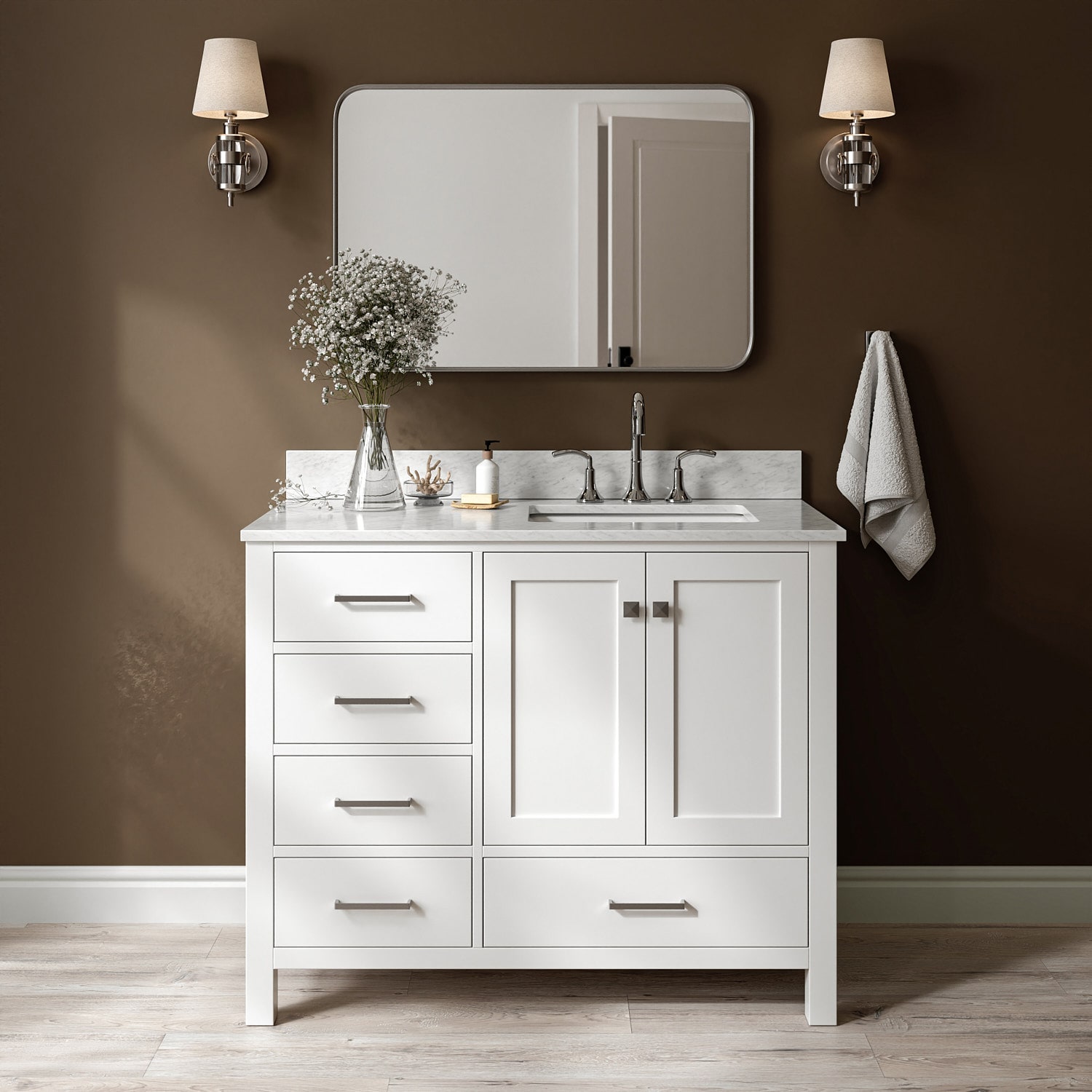 ARIEL A043SRCW2RVOWHT Cambridge 43-in White Undermount Single Sink Bathroom Vanity with 0.75" Carrara White Marble Natural Marble Top