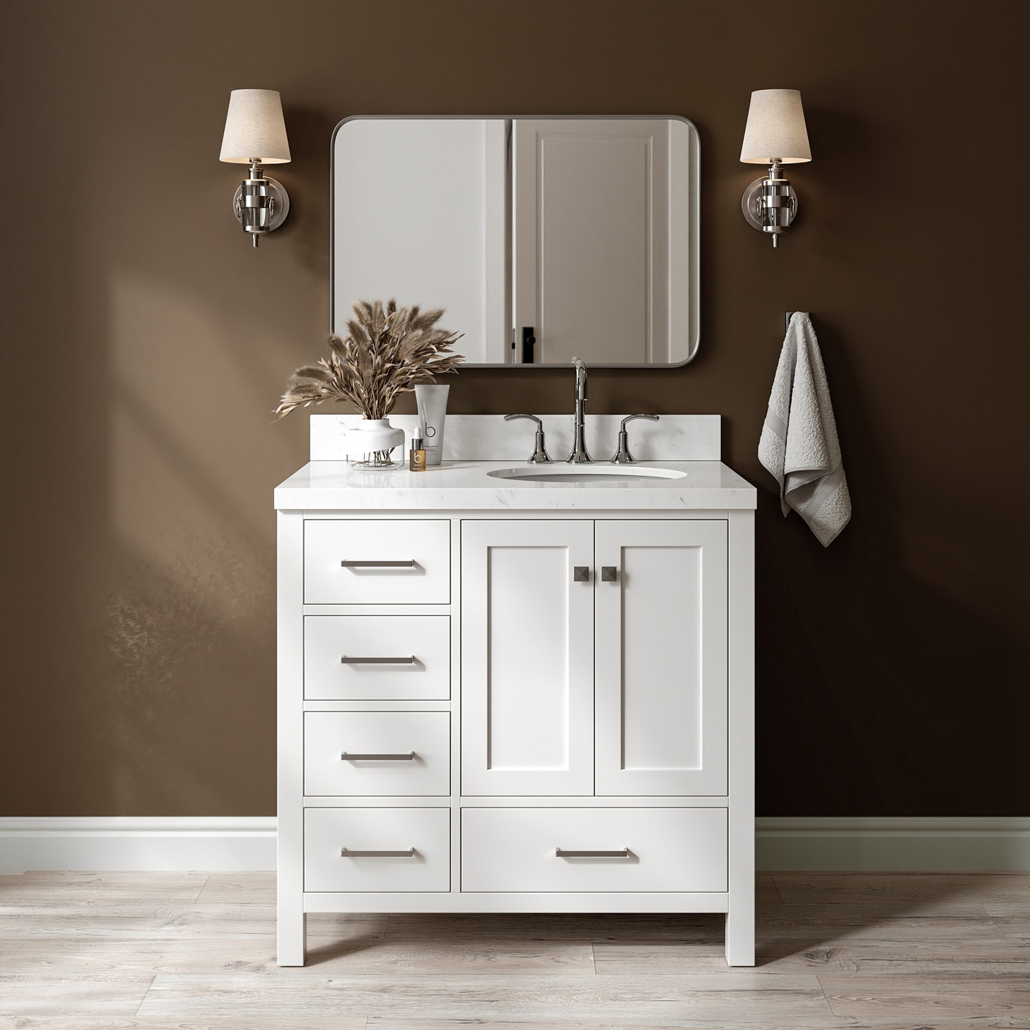 ARIEL A036SRCQOVOWHT Cambridge 36-in White Undermount Single Sink Bathroom Vanity with Carrara White Quartz Quartz Top