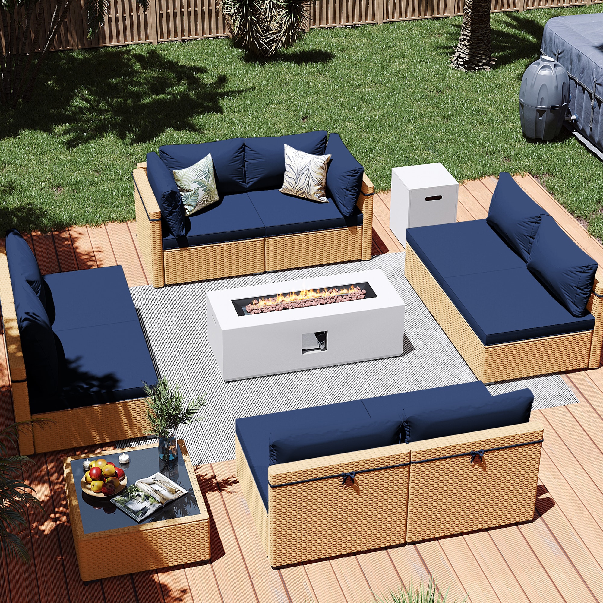 Patio Watcher LS-RT9-KD42CWH-Y2 10 -Piece Rattan Patio Conversation Set with Blue Cushions