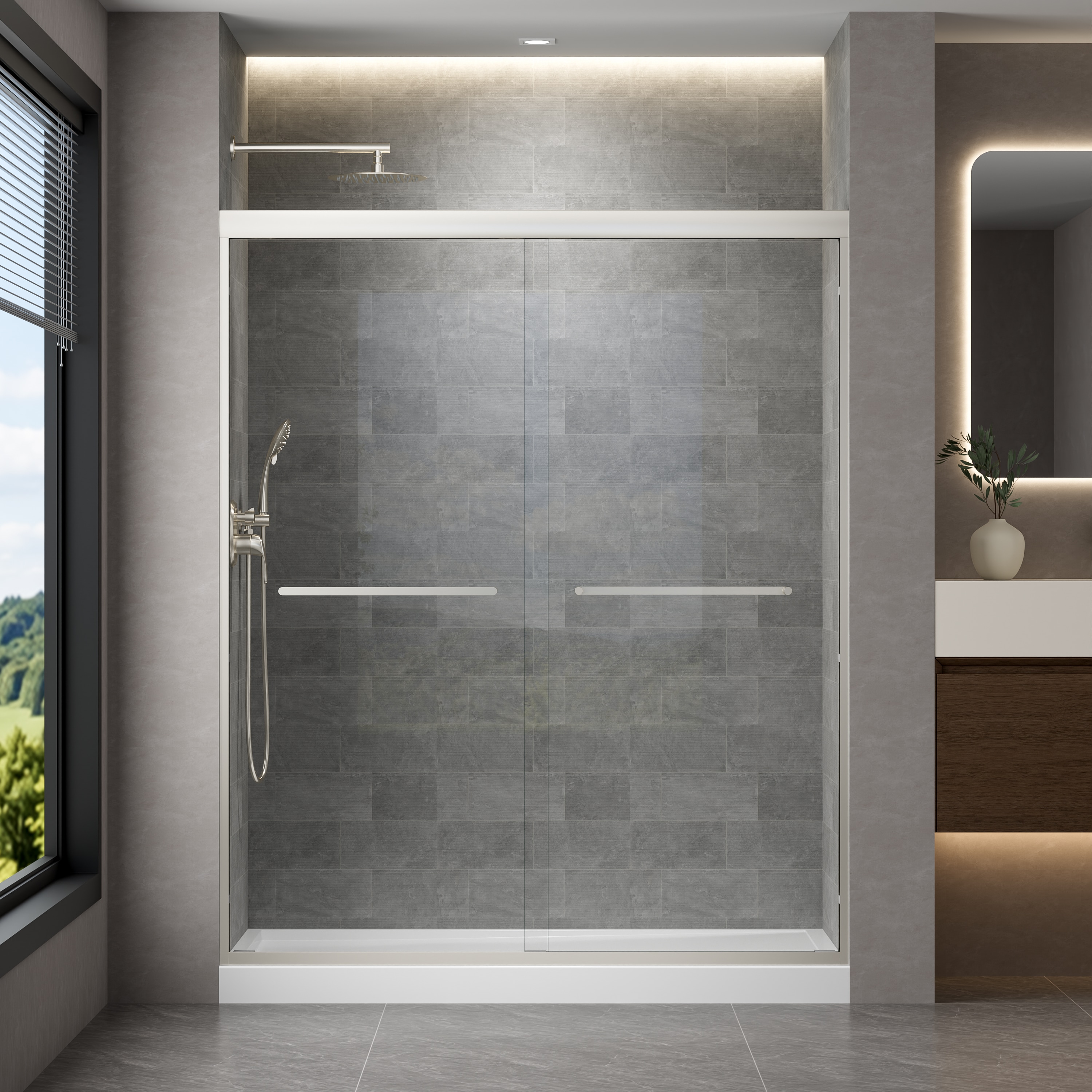 ANGELES HOME  Brushed Nickel 56-in to 60-in W x 72-in H Framed Clear Glass Bypass Sliding Shower Door