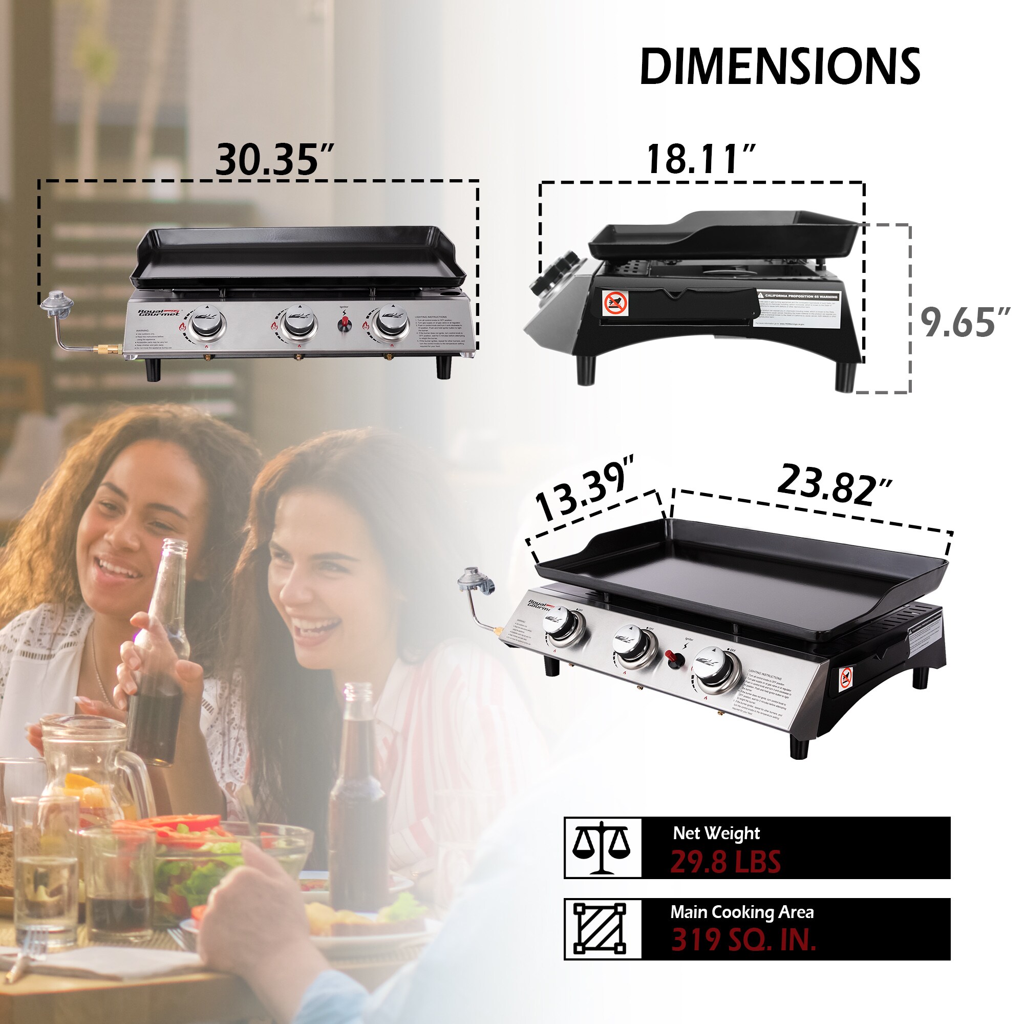 Royal Gourmet PD1300C 3-Burner 26,400-BTU Portable GAS Grill Griddle, Regulator, Cover and Carry Bag Included, Outdoor Camping, Tailgating