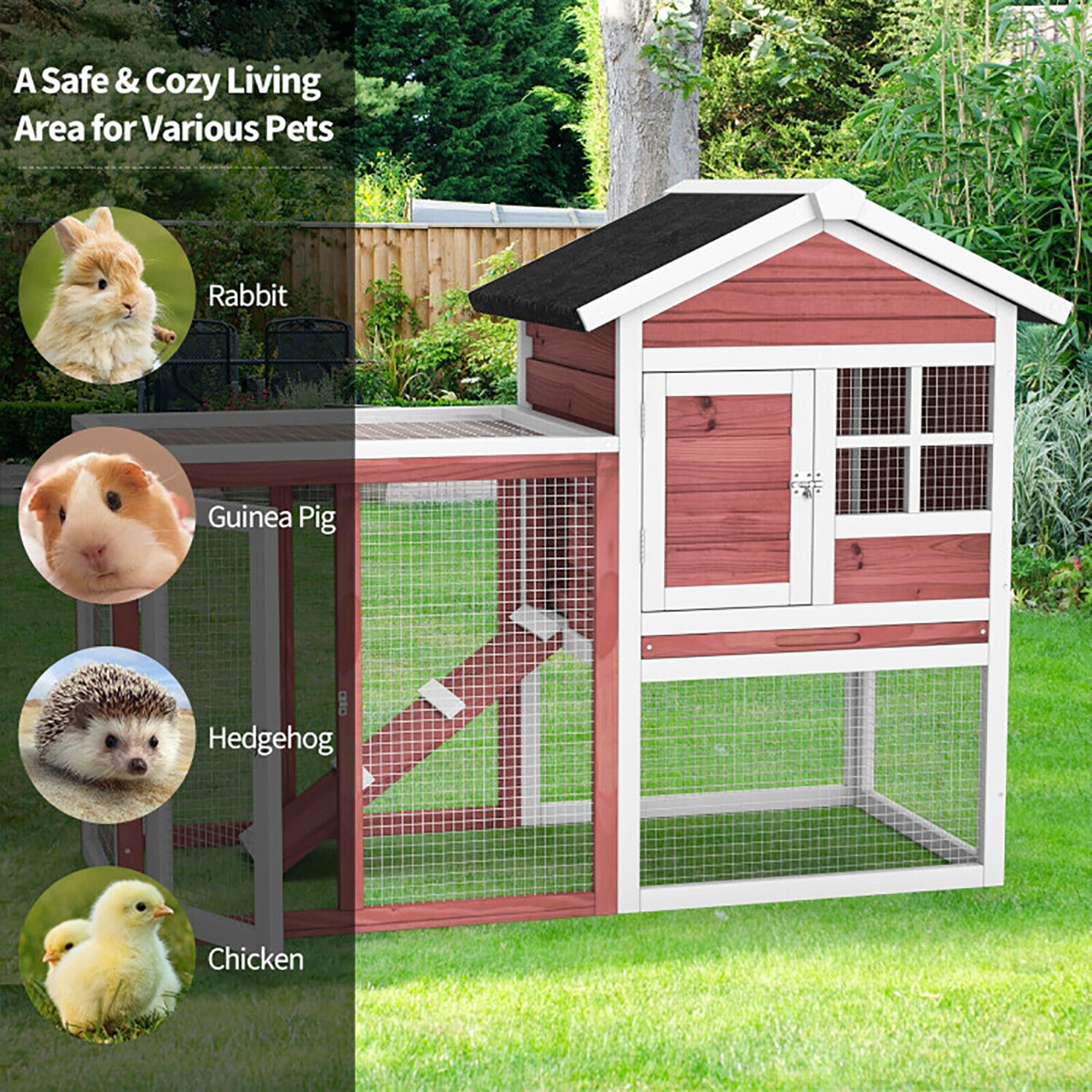 White and Red 2-Story Wooden Rabbit Hutch with Ramp