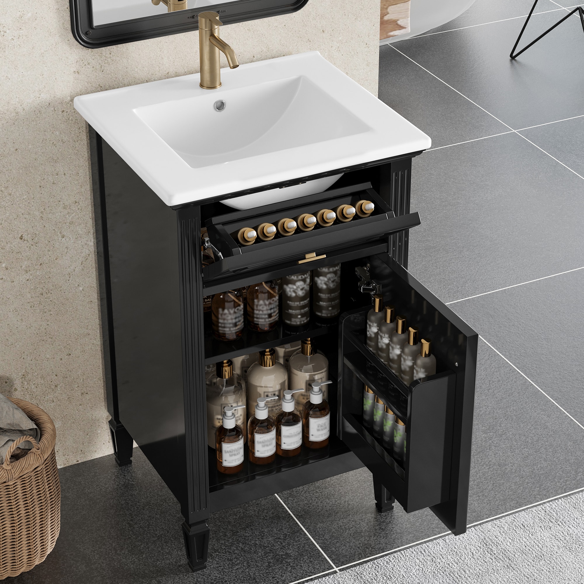 WELLFOR WA-MBF-6036 Flip Drawer Unassembled Bathroom Vanity 20-in Black Single Sink Bathroom Vanity with White Ceramic Top