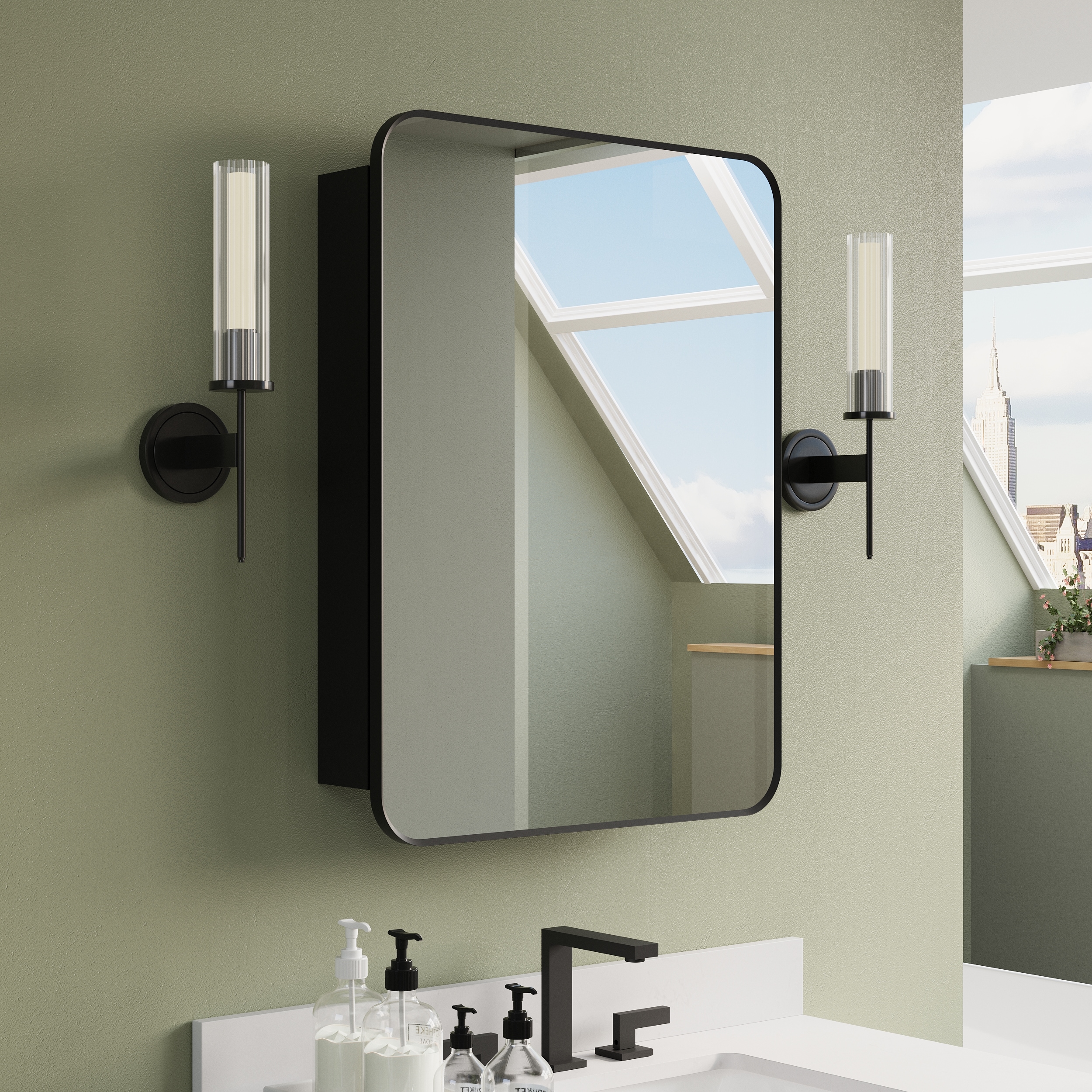 Forclover MCLE-2432MB-LR 24-in x 32-in Surface/Recessed Mount Black Mirrored Rectangle Soft Close Medicine Cabinet