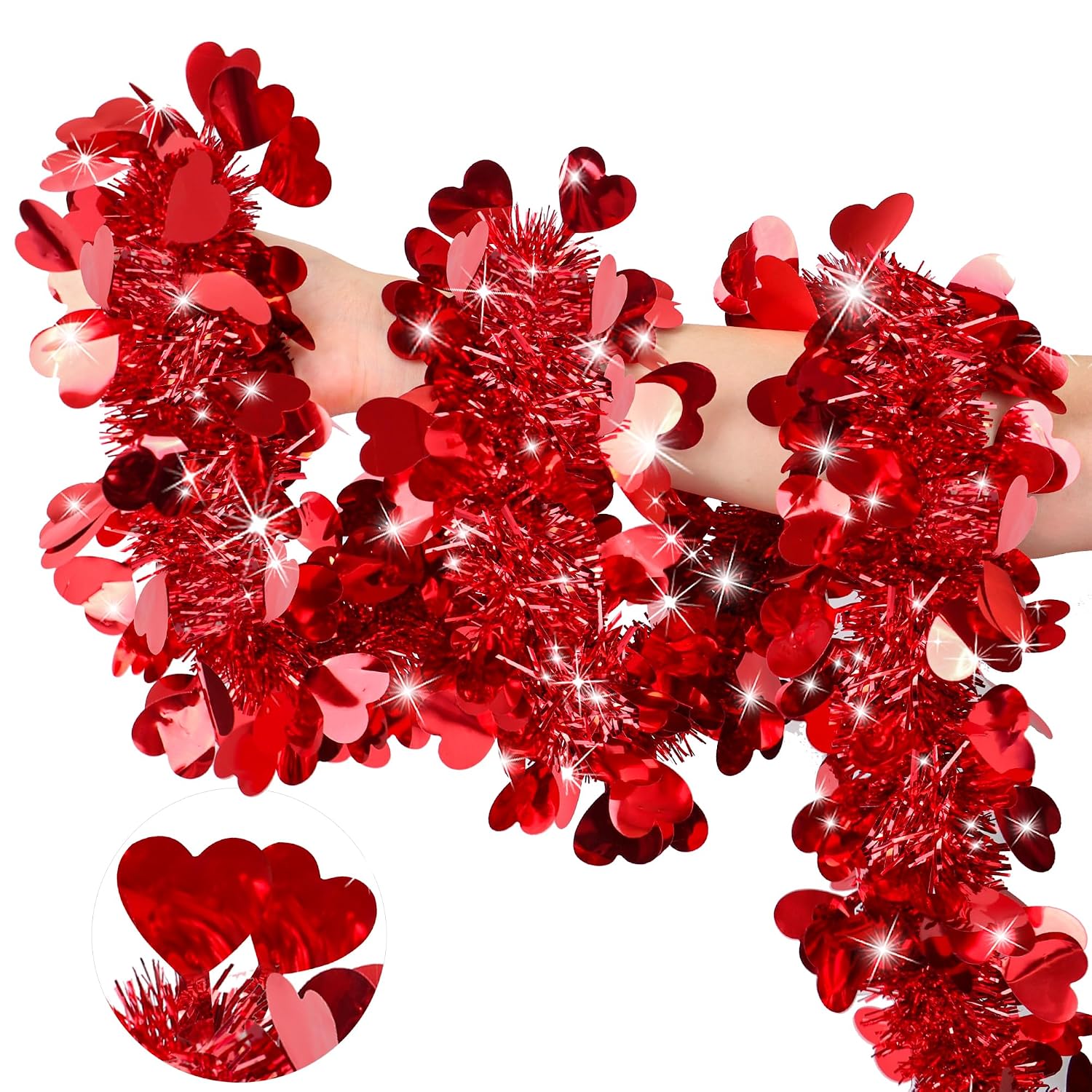 FLYSNK 50 ft Red Tinsel Heart Garland for Valentines Day Indoor Outdoor Weddings Parties and Home Decor 4.3 in Wide PVC Foil Hearts