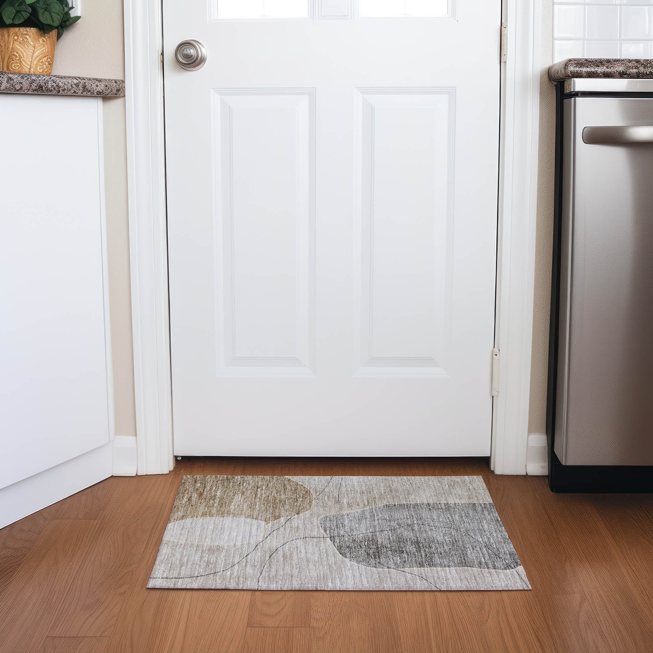 Beige and Gray Synthetic Rectangular Washable Area Rug
