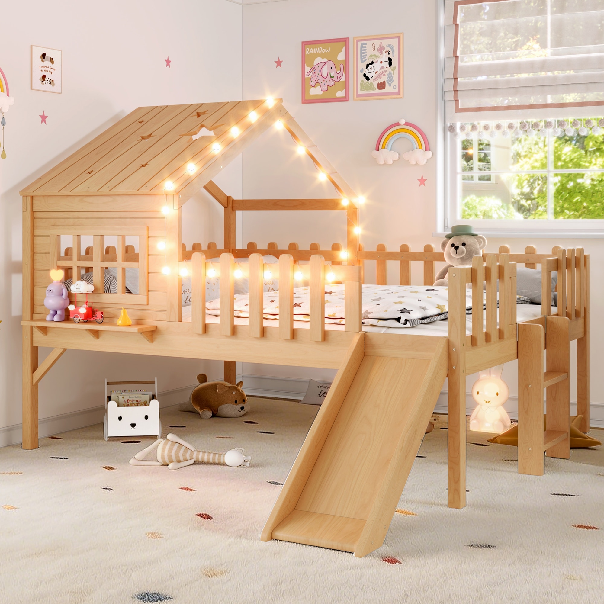 Boyel Living - Full Size House Loft Bed with Slide Playhouse Bed with Star Shaped Designs and Win...