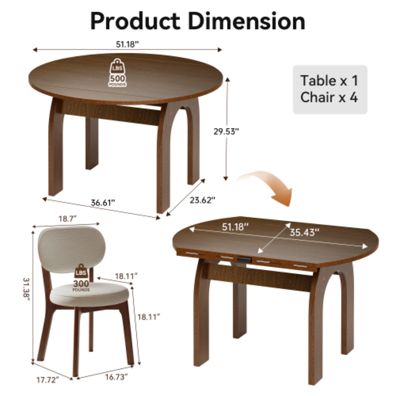 BBLLWJ 5 Piece Farmhouse Dining Set Solid Wood Extendable Dining Table ...